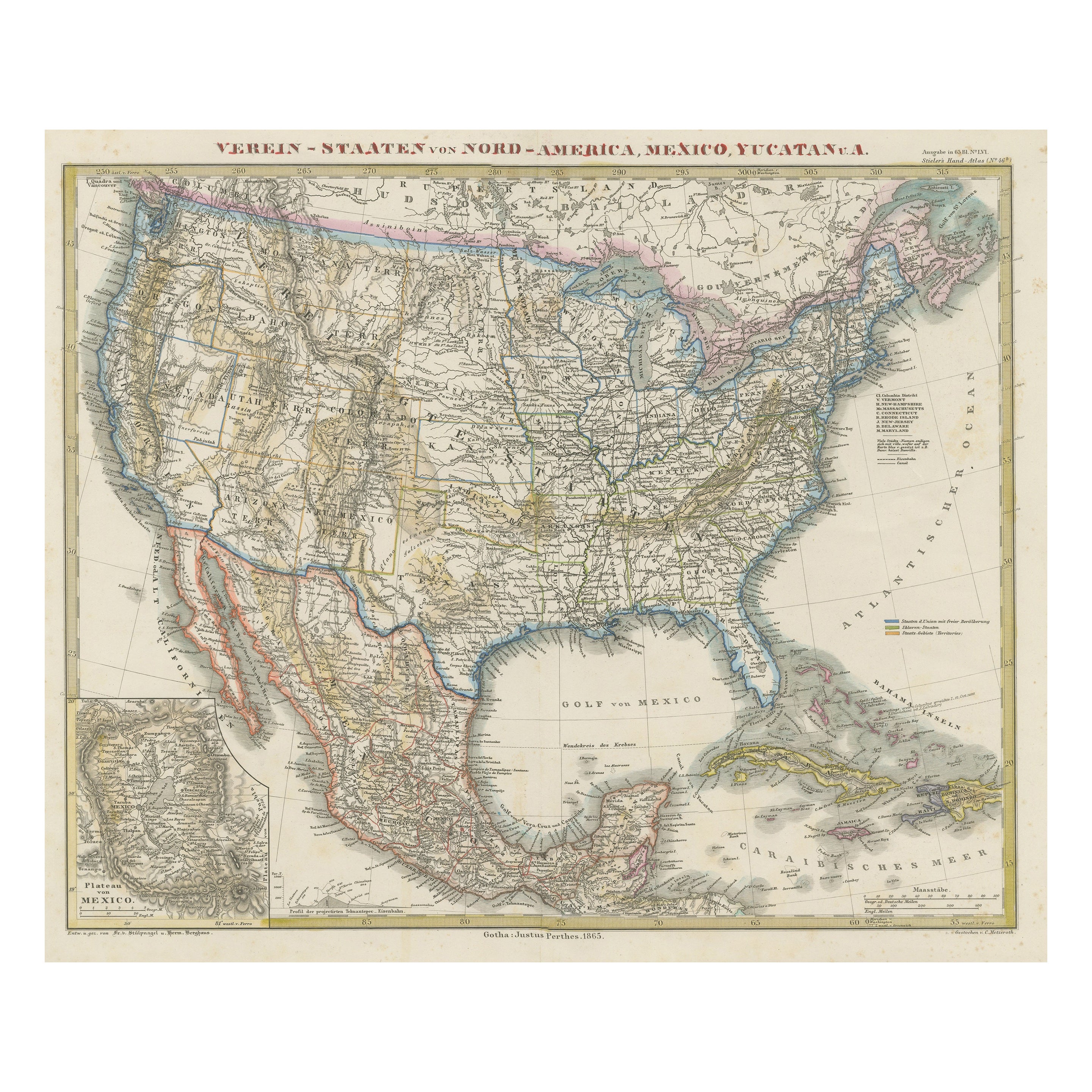 Carte ancienne des tats-Unis d'Amrique, galement montrant les Carabes