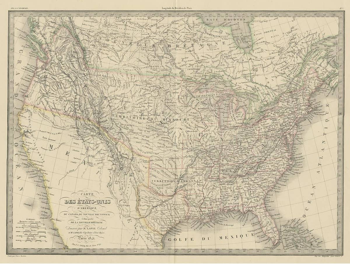 Antique Map of the United States by Pierre M. Lapie, Wall Art, 1842