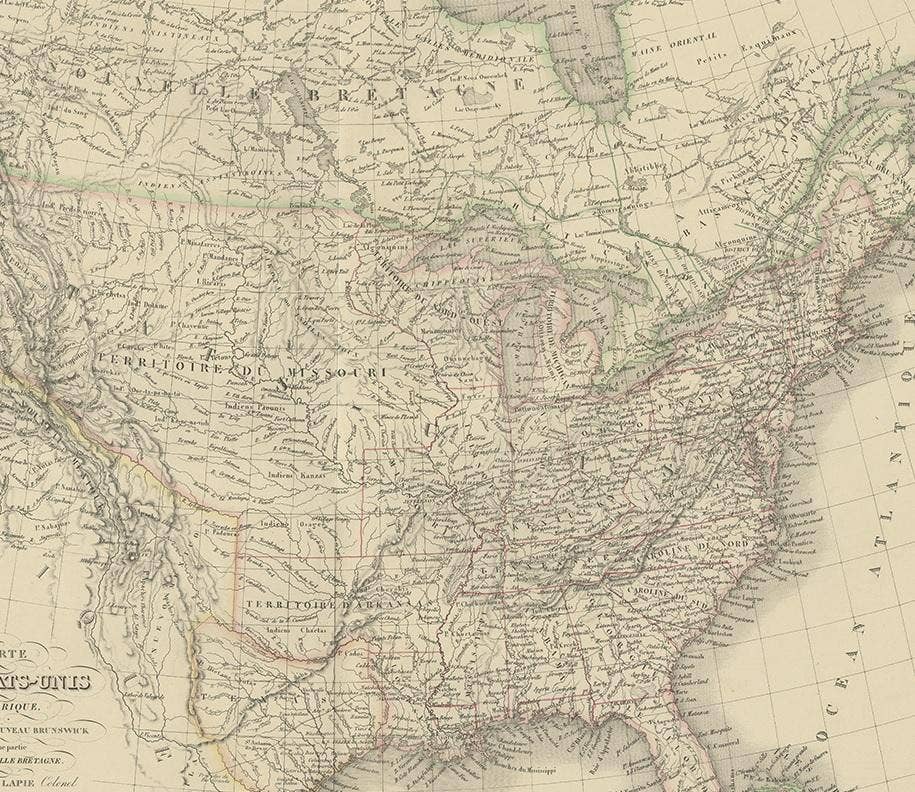 Antique Map of the United States by Pierre M. Lapie, Wall Art, 1842