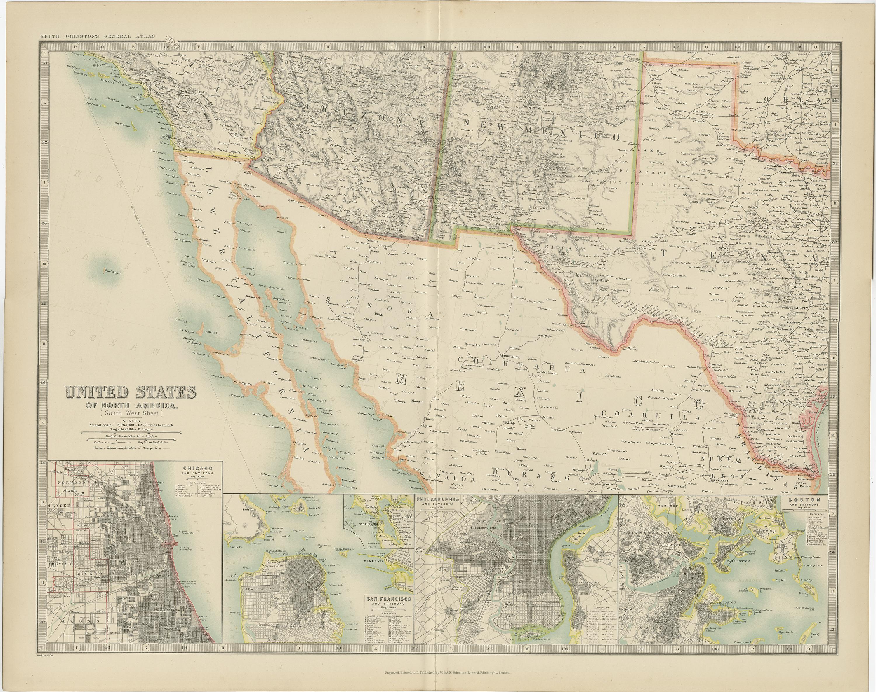Carte ancienne des États-Unis d'Amérique du Nord par Johnston '1909' Bon état - En vente à Langweer, NL
