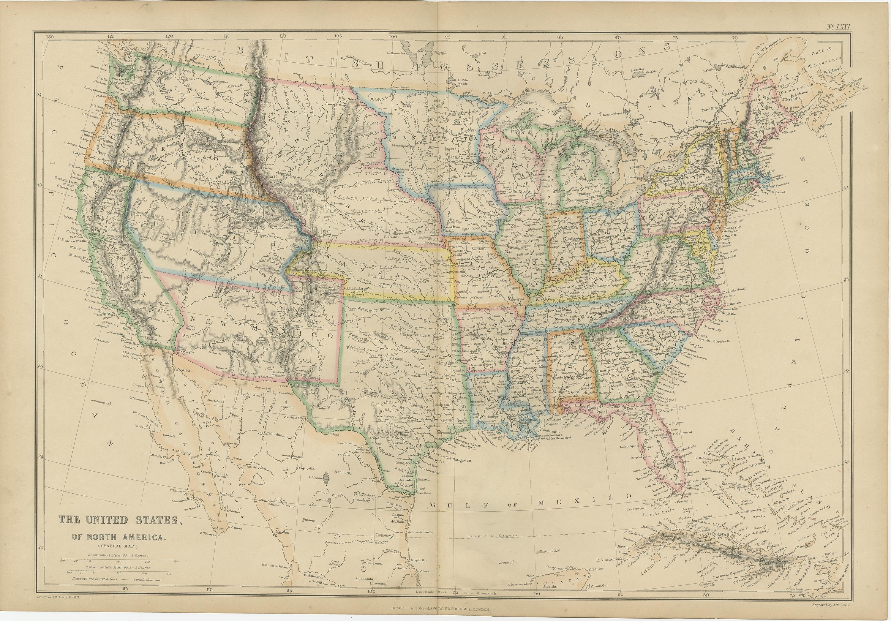 19th Century Antique Map of the United States of North America by W. G. Blackie, 1859
