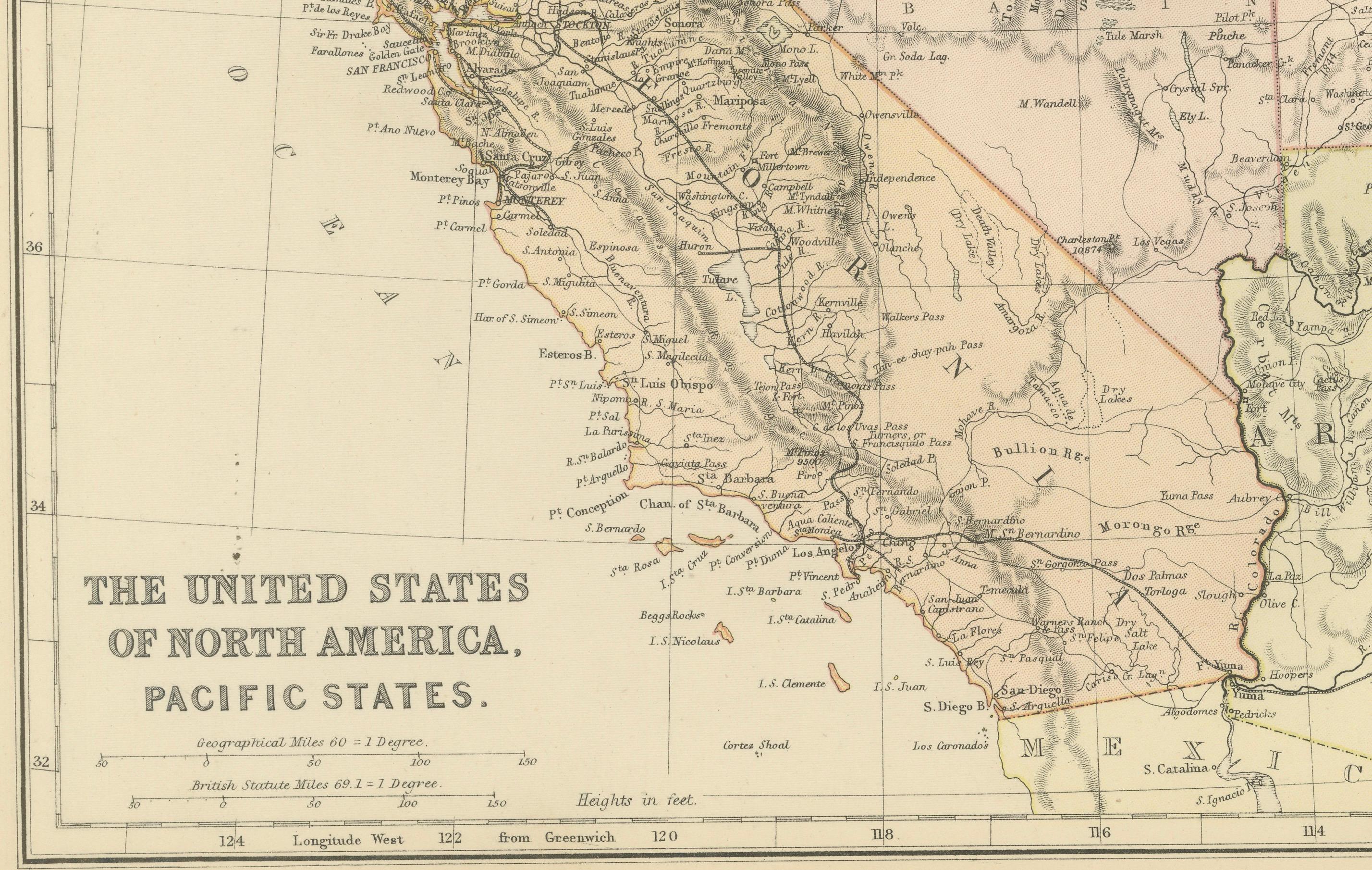 The map is from the same 1882 Blackie Atlas and focuses on the Pacific States of the United States of America during that period. Here are some details and historical context about this region at that time:

1. **Expansion and Settlement**: The