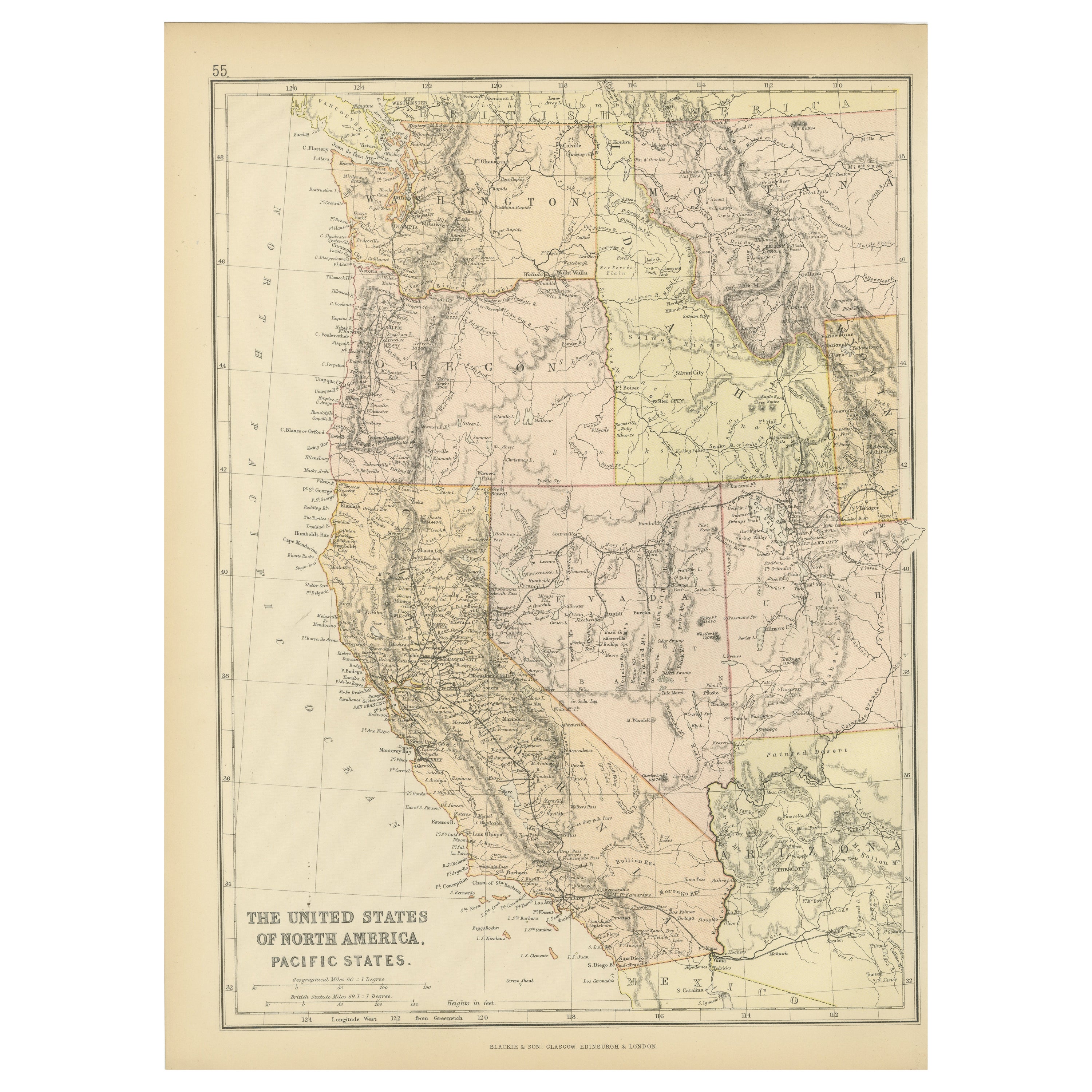 Carta geografica antica degli Stati Uniti d'America del Nord, Stati del Pacifico, 1882