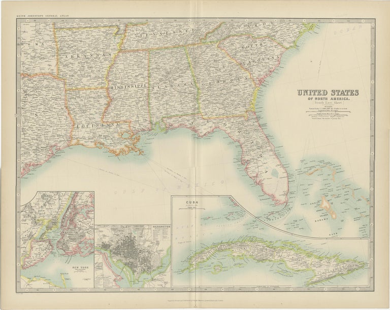 Antique Map of the United States ' South East ' by Johnston '1909' For ...
