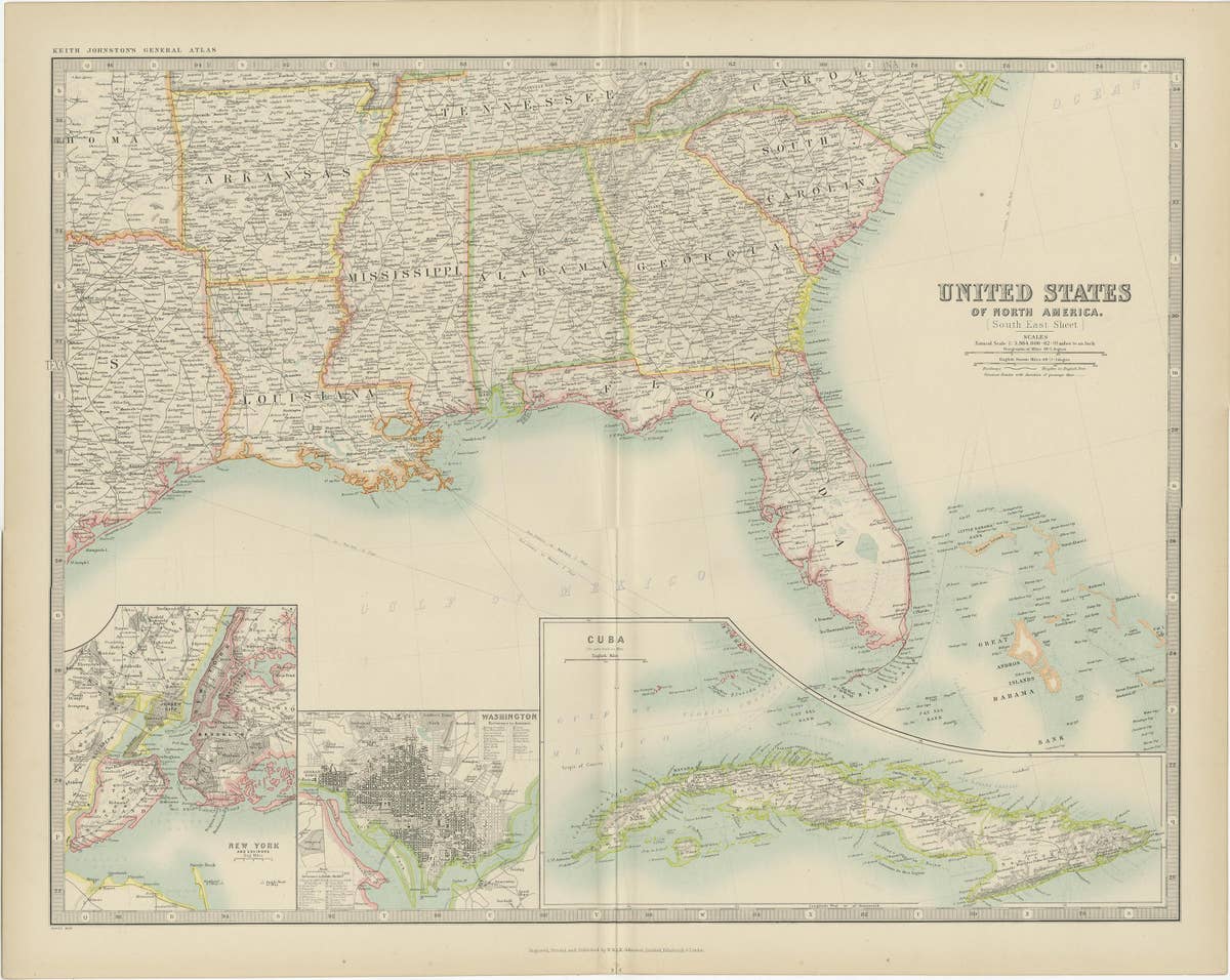 Antique Map of the United States ' South East ' by Johnston '1909'