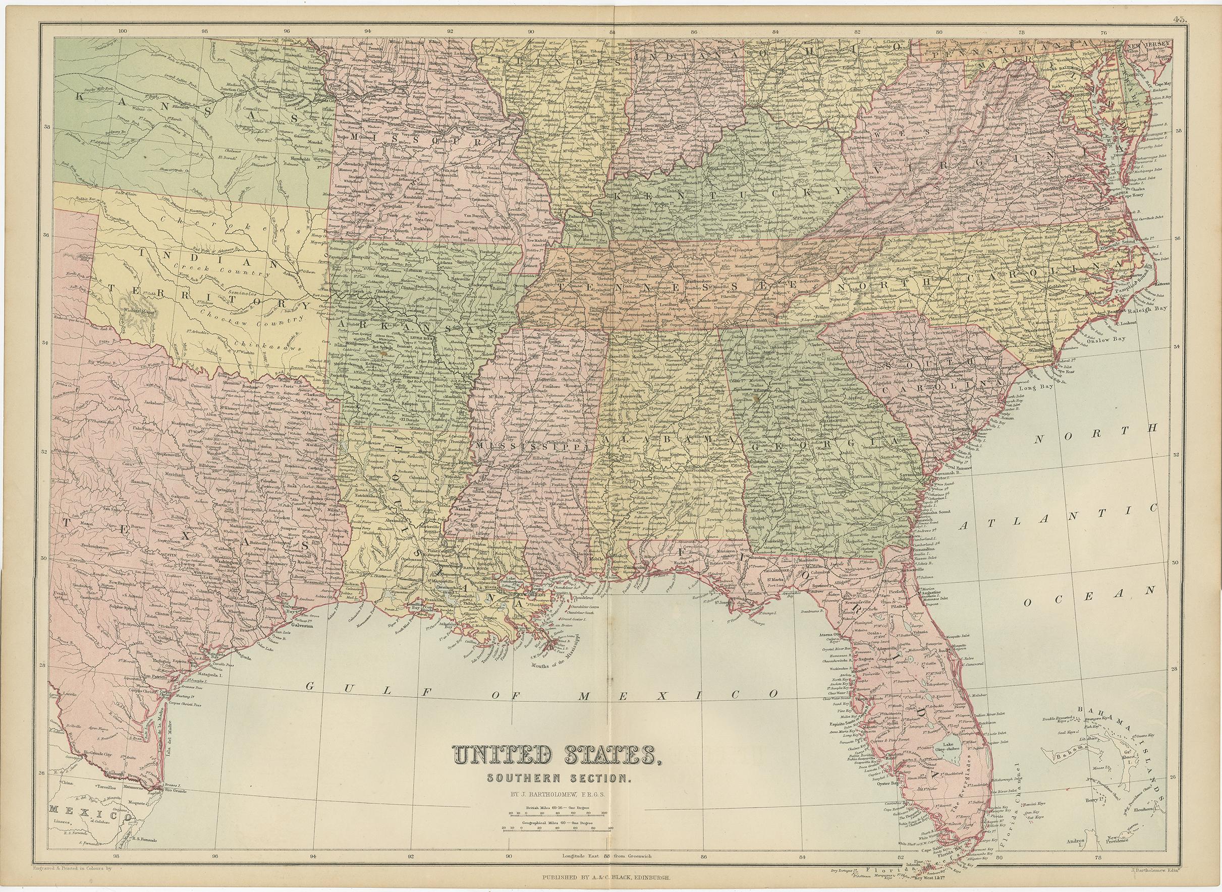 Antique map titled 'United States Southern Section'. Original antique map of Map of The United States Southern Section. This map originates from ‘Black's General Atlas of The World’. Published by A & C. Black, 1870.