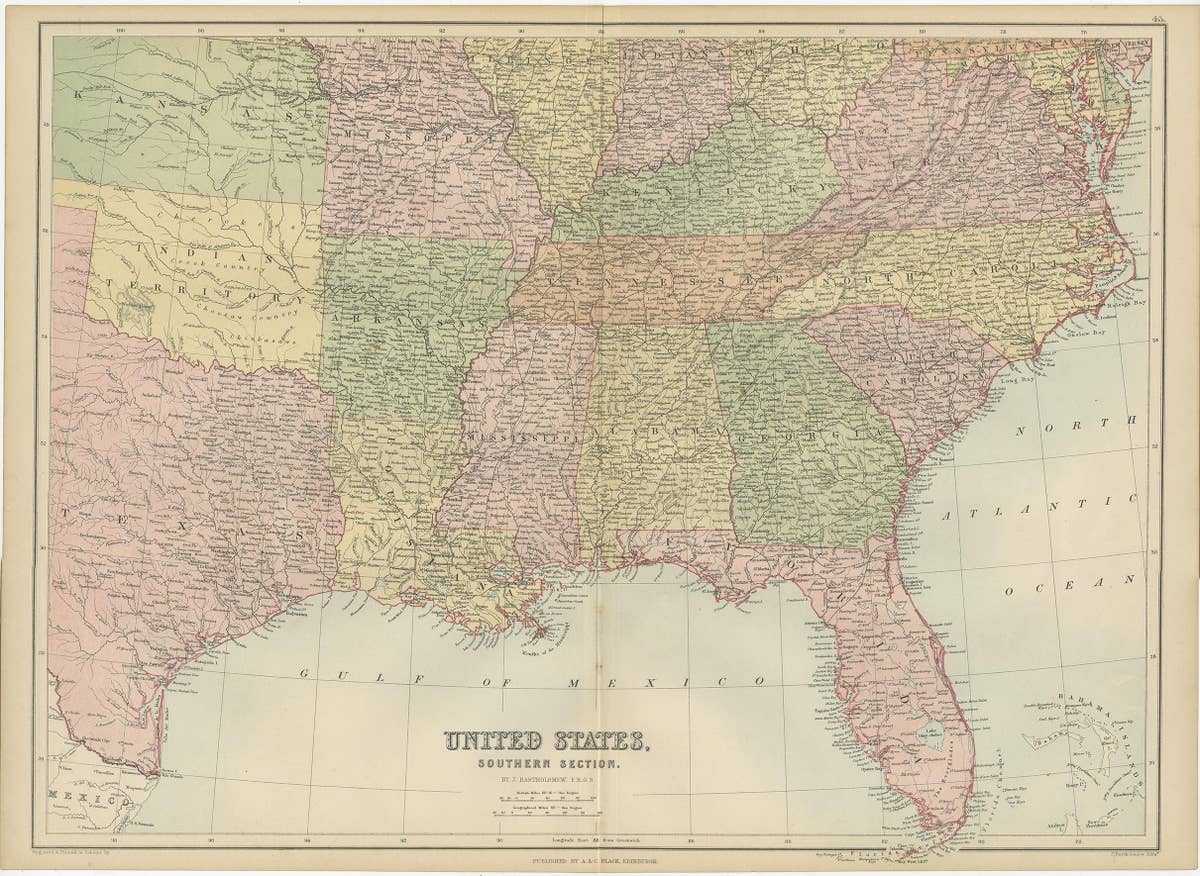 Antique Map of The United States Southern Section by A & C. Black, 1870
