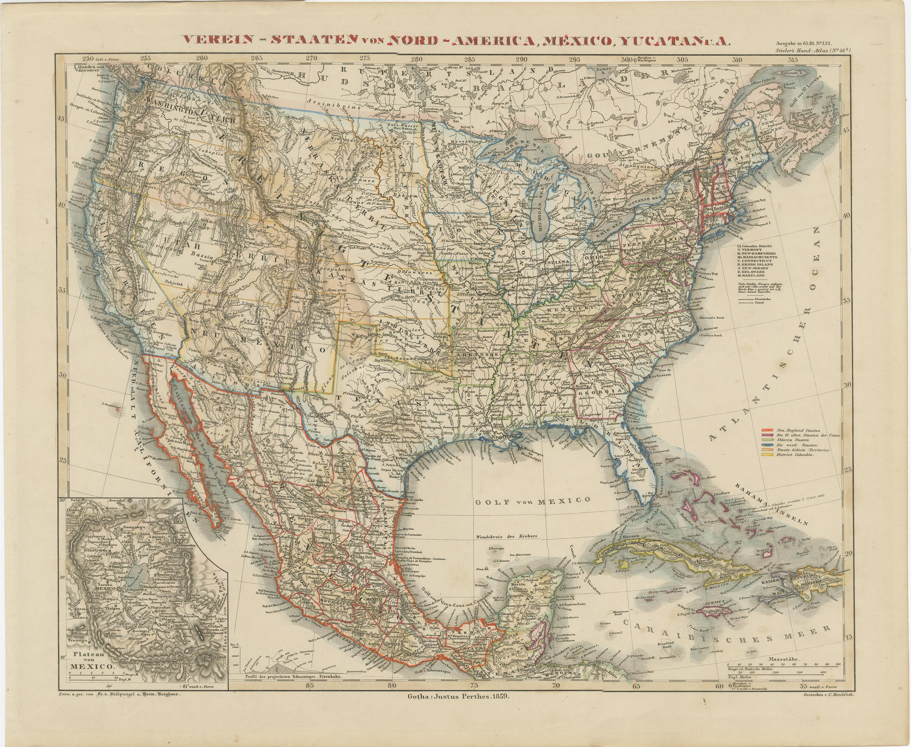 Antike Karte mit dem Titel 'Vereins-Staaten von Nord-Amerika, Mexiko, Yucatan u.a.'. Sehr detaillierte Karte der Vereinigten Staaten von Amerika mit der Karibik. Mit einer beigefügten Karte der Umgebung von Mexiko-Stadt.

Diese Karte stammt aus