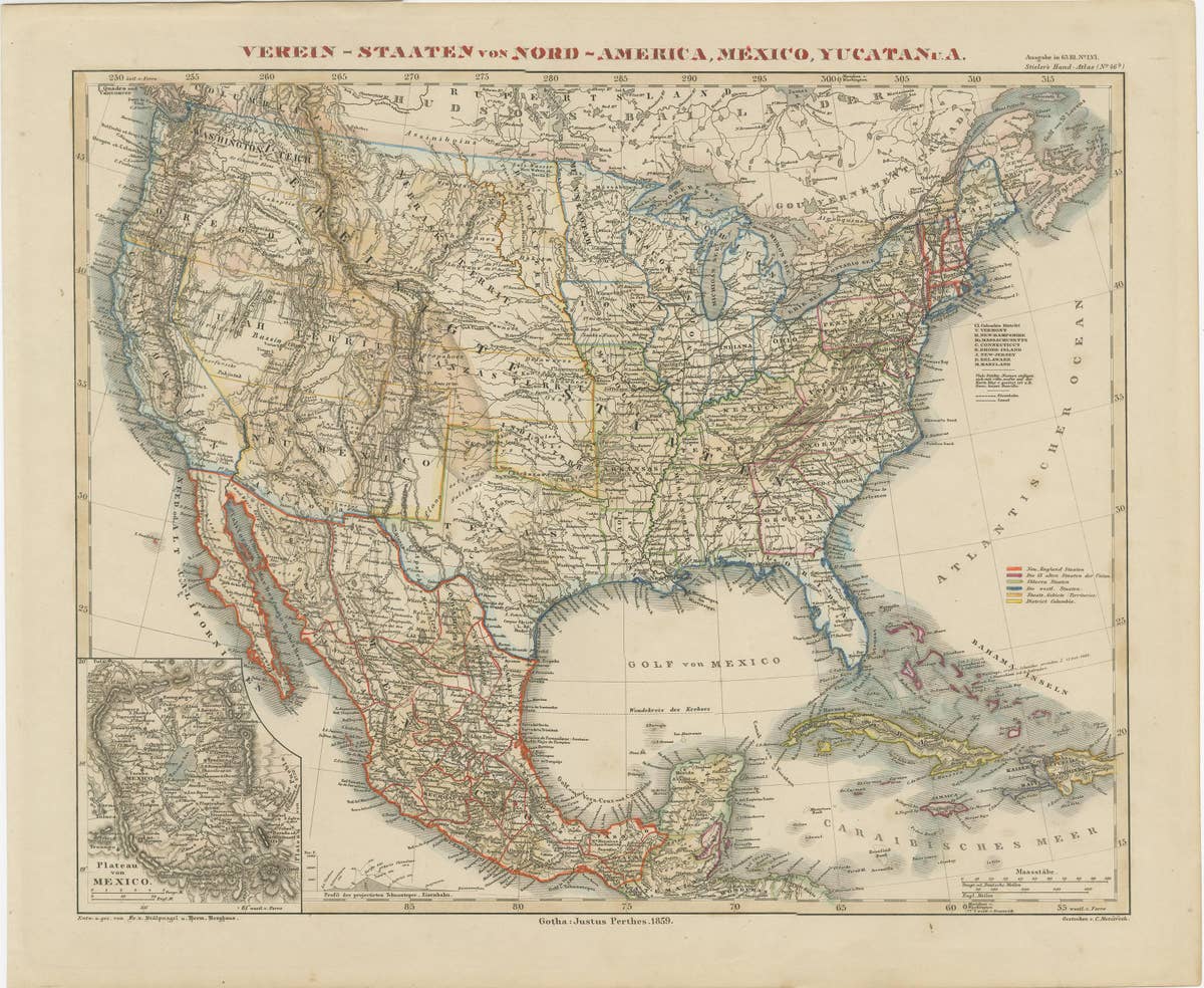 Antique Map of the United States with inset map of Mexico City Area, c.1859