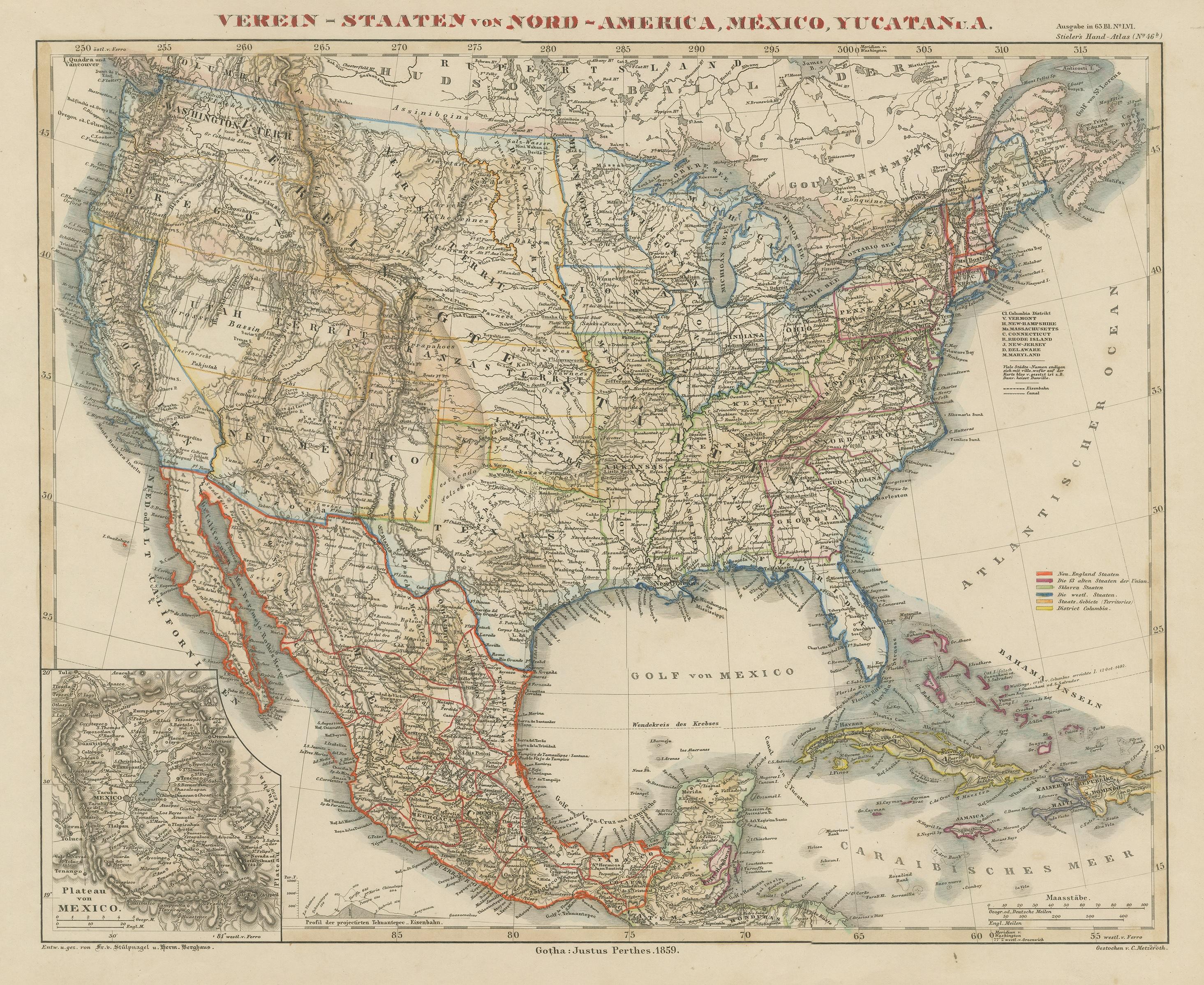 Antike Karte der Vereinigten Staaten mit Einschubkarte der Region Mexiko-Stadt im Zustand „Gut“ im Angebot in Langweer, NL