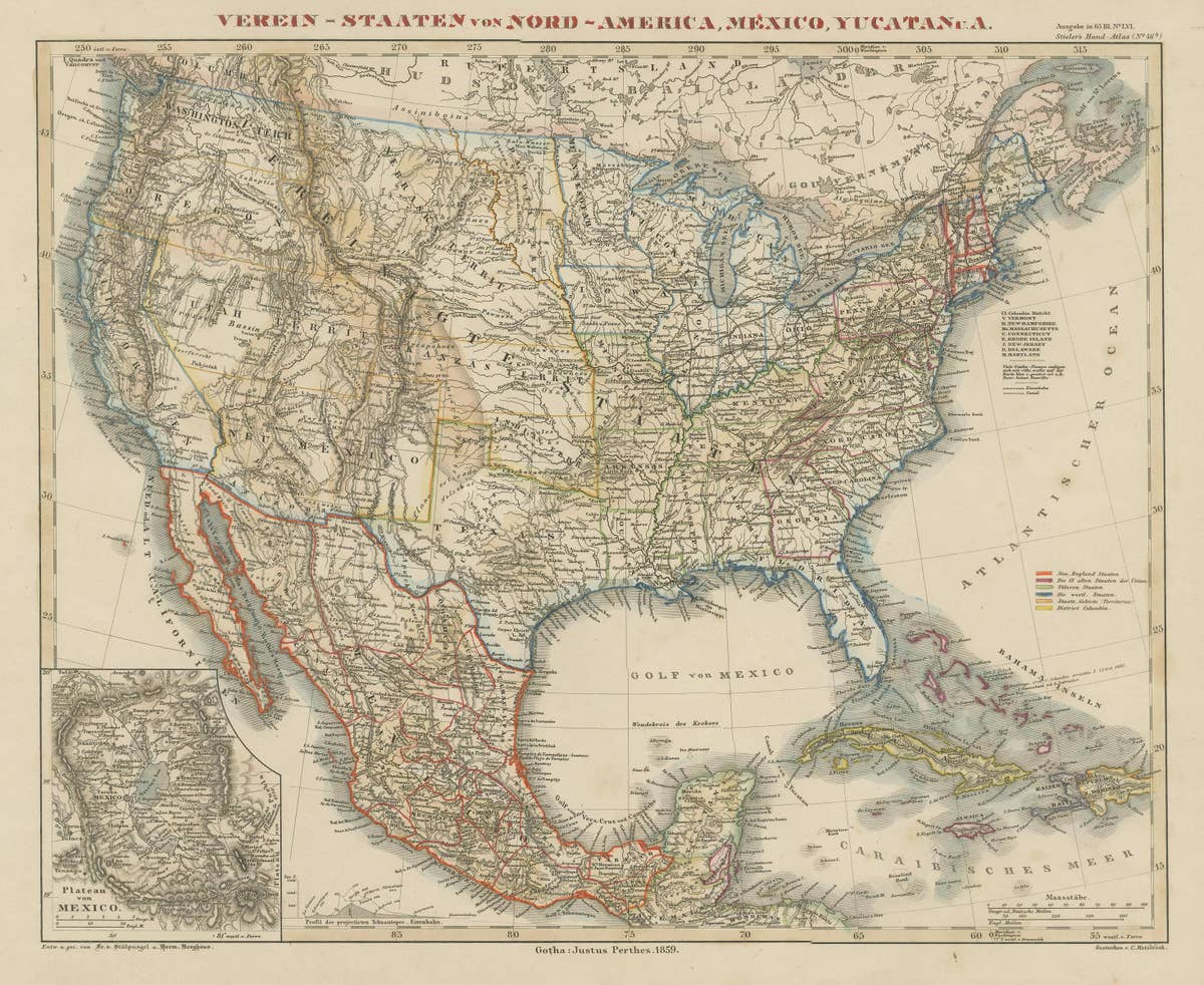 Antique Map of the United States with inset map of Mexico City Area, c.1859