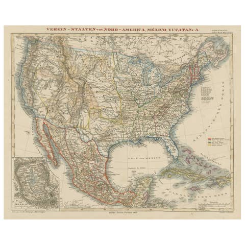 Antique Map of the United States with inset map of Mexico City Area, c.1859