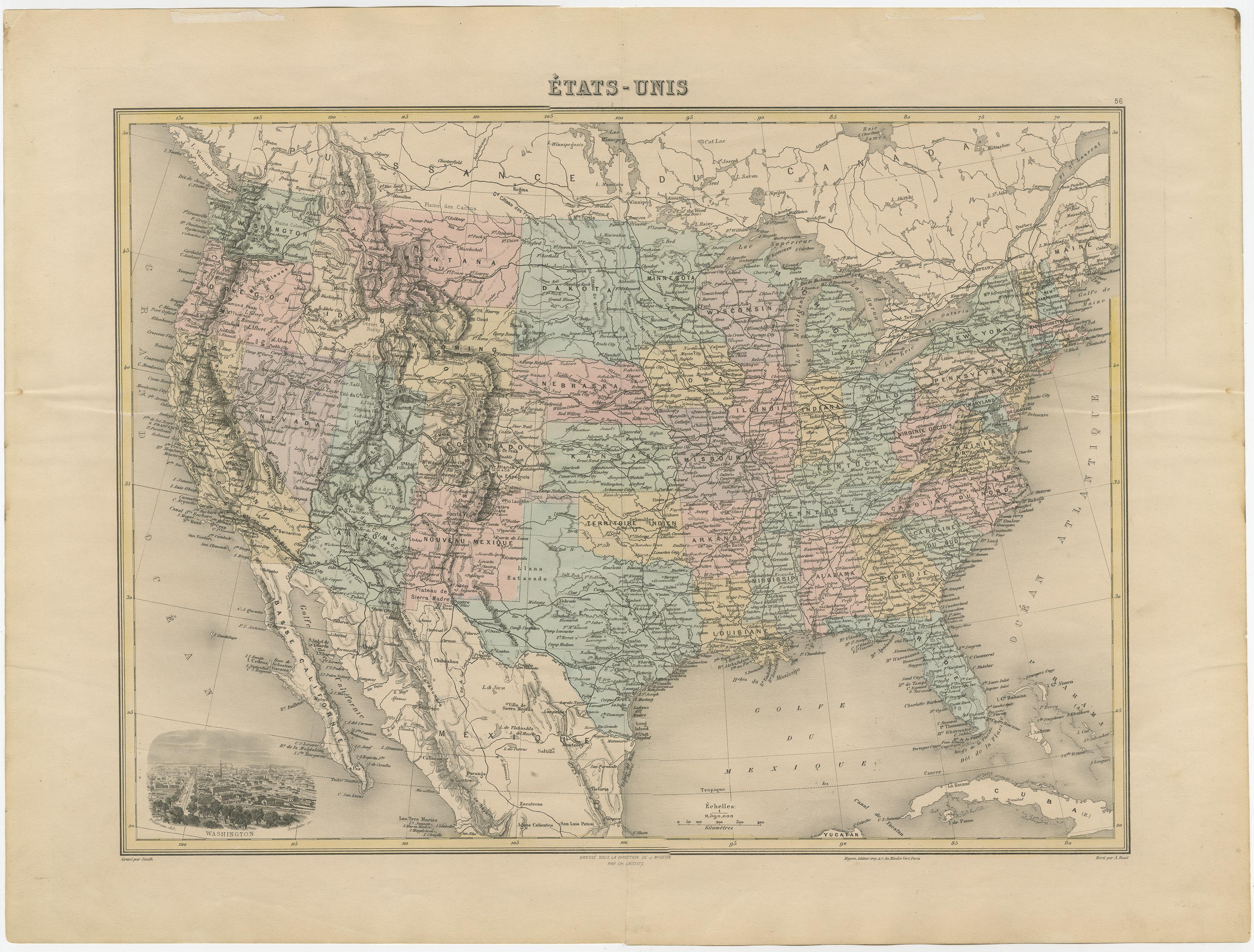 Antike Karte mit dem Titel 'États-Unis'. Eine sehr attraktive und detaillierte Karte der Vereinigten Staaten aus dem späten 19. Jahrhundert, mit einer schönen dekorativen Vignette von Washington. Das ausgedehnte Eisenbahnnetz, das zu dieser Zeit in