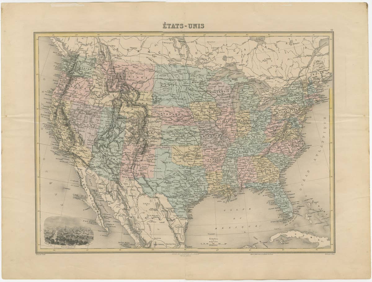 Antique Map of the United States with Vignette of Washington