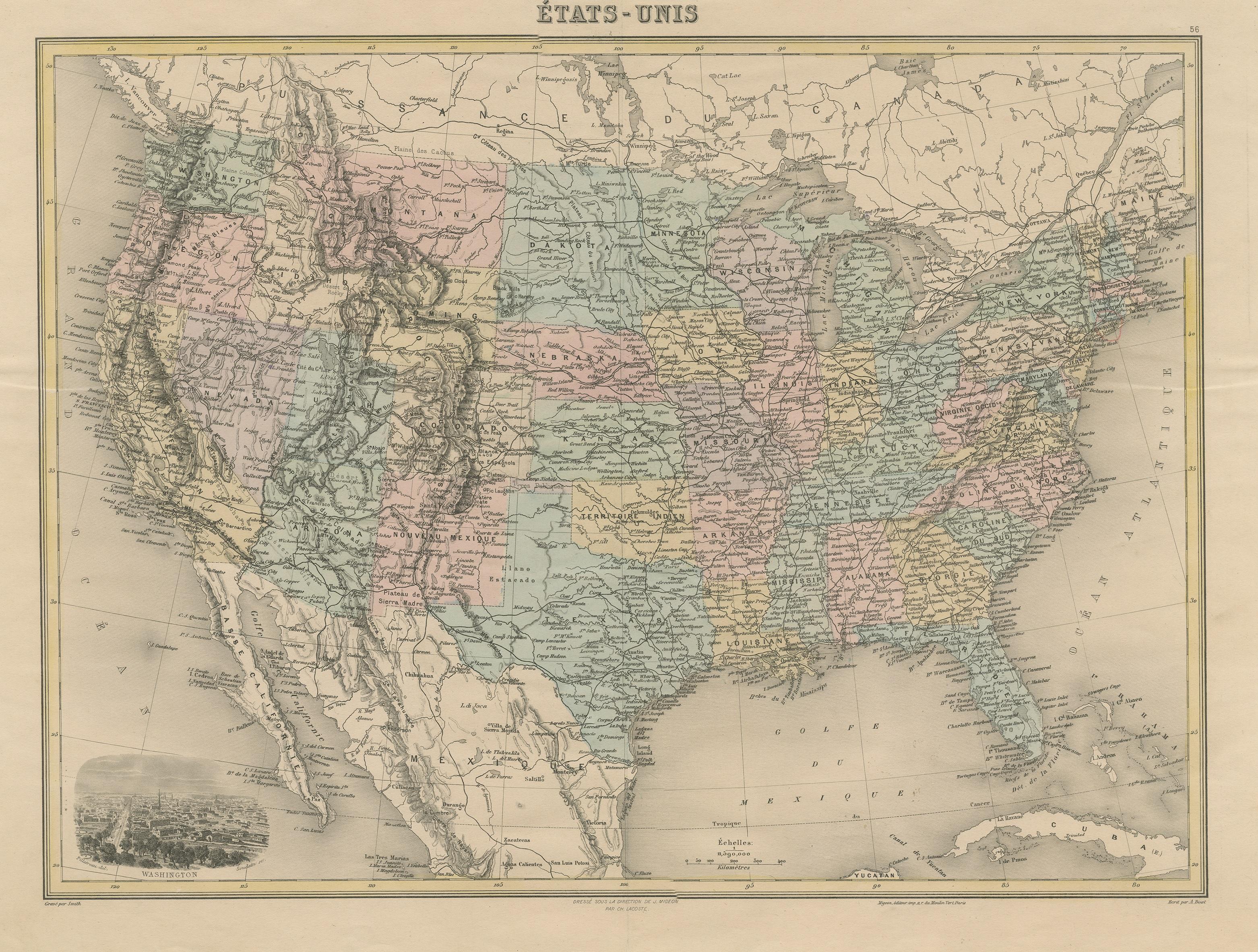 Carte ancienne des États-Unis avec vignette de Washington Bon état - En vente à Langweer, NL