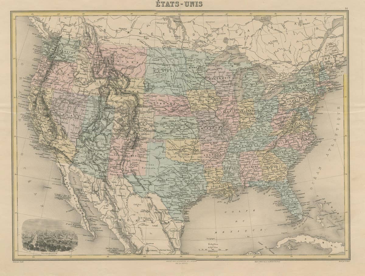 Antique Map of the United States with Vignette of Washington