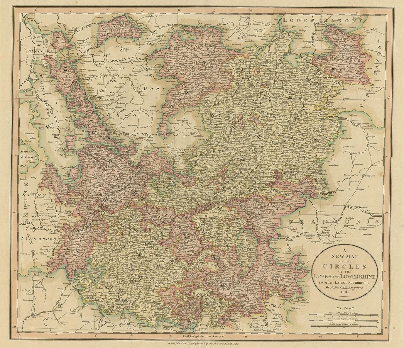 Antique map titled 'A New Map of the Circles of the Upper and Lower Rhine'. Antique map covering an area from Westphalia and Lower Saxony in the north to France and Swabia in the south.