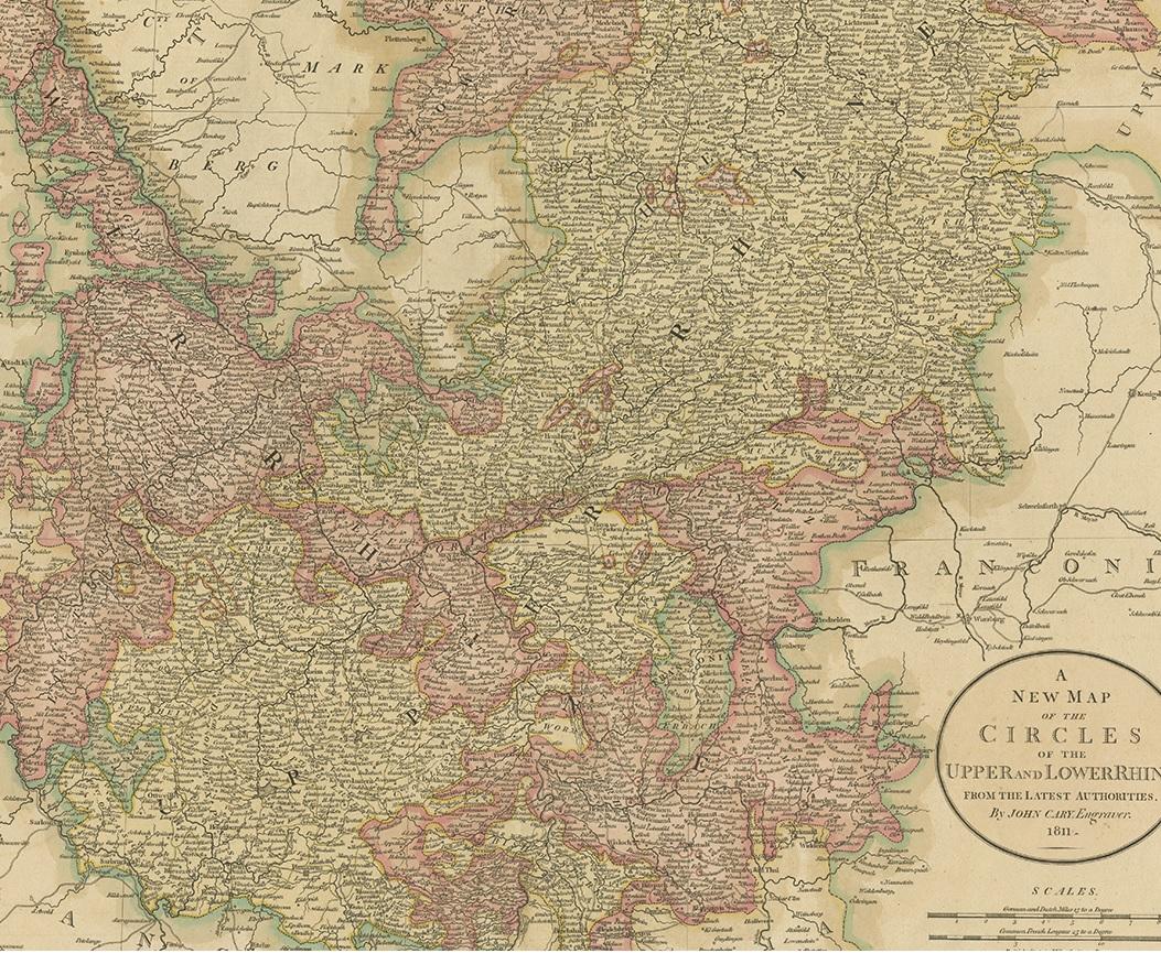 19th Century Antique Map of the Upper and Lower Rhine by Cary '1811' For Sale