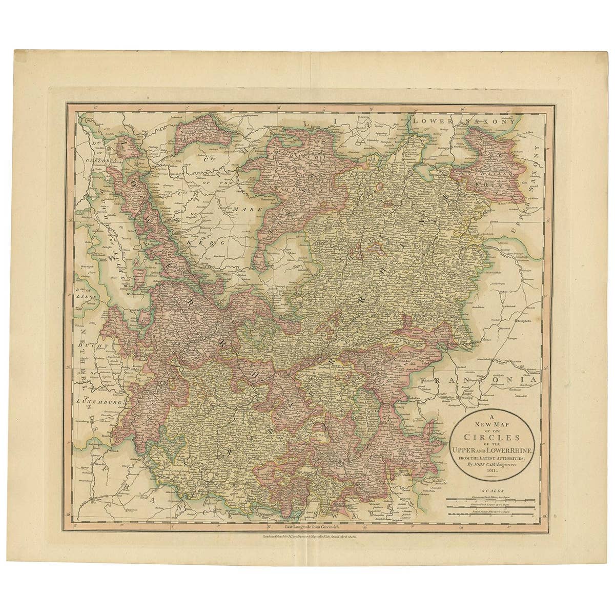 Antique Map of the Upper and Lower Rhine by Cary, 1811