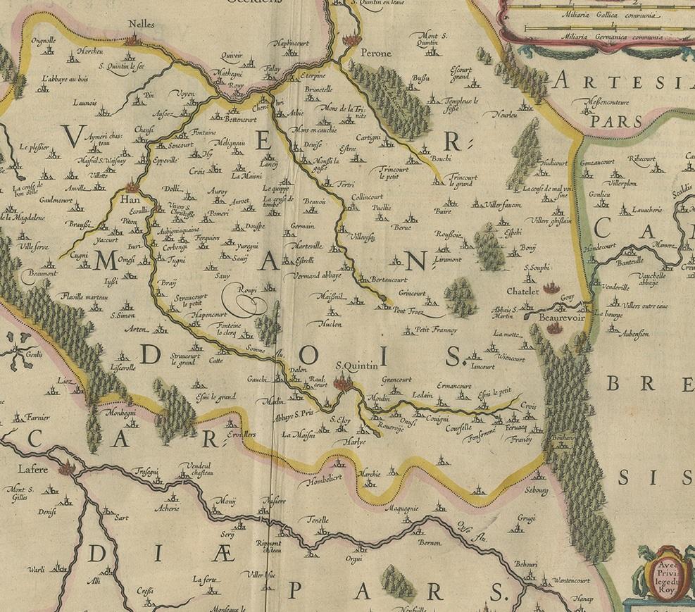 Antique Map of the Vermandois Region by Janssonius, circa 1640 In Good Condition In Langweer, NL