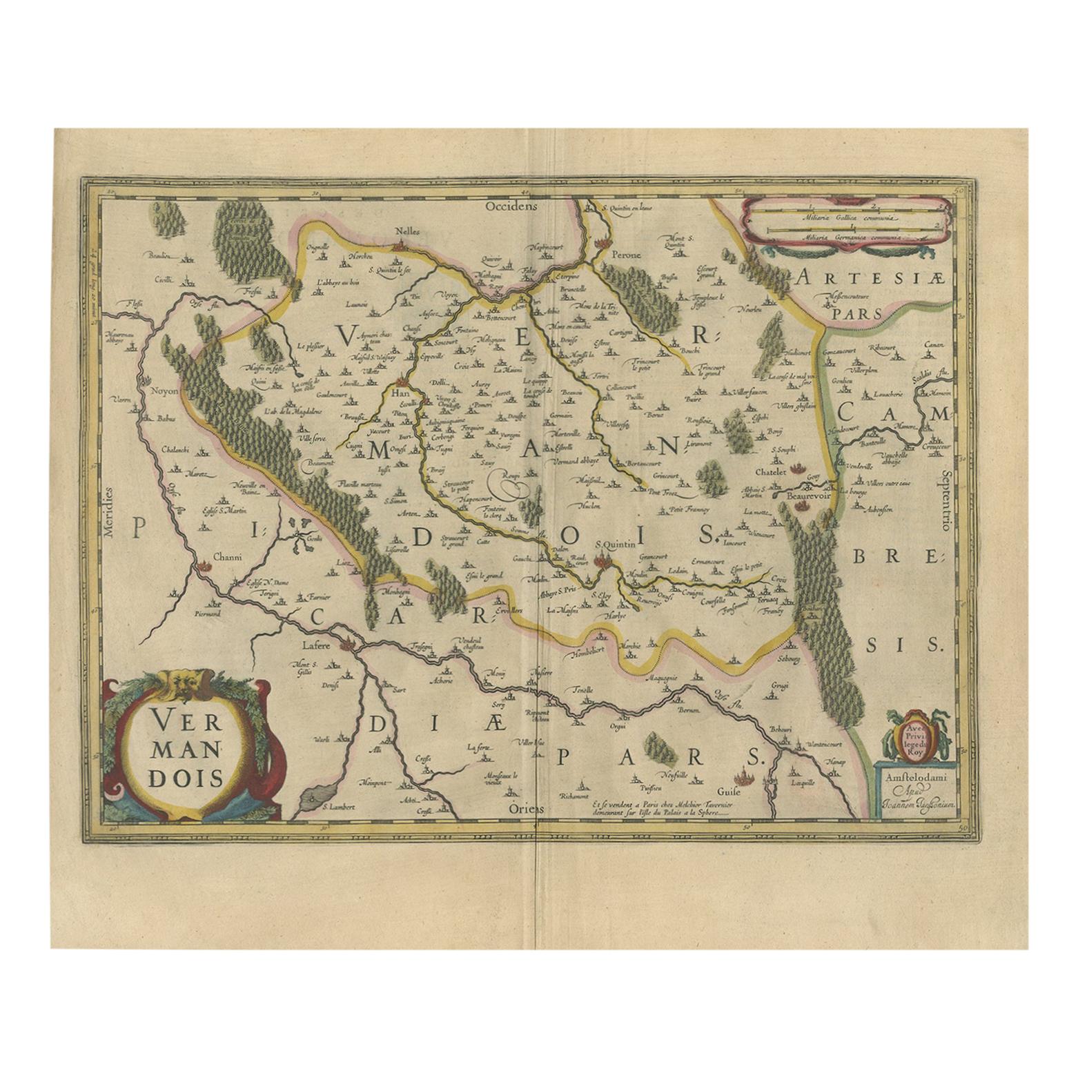 Antique Map of the Vermandois Region by Janssonius, circa 1640