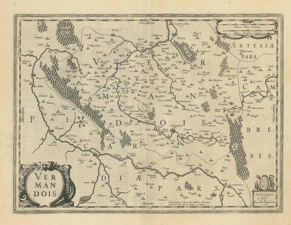 Antique Map of the Vermandois Region by Janssonius, circa 1650