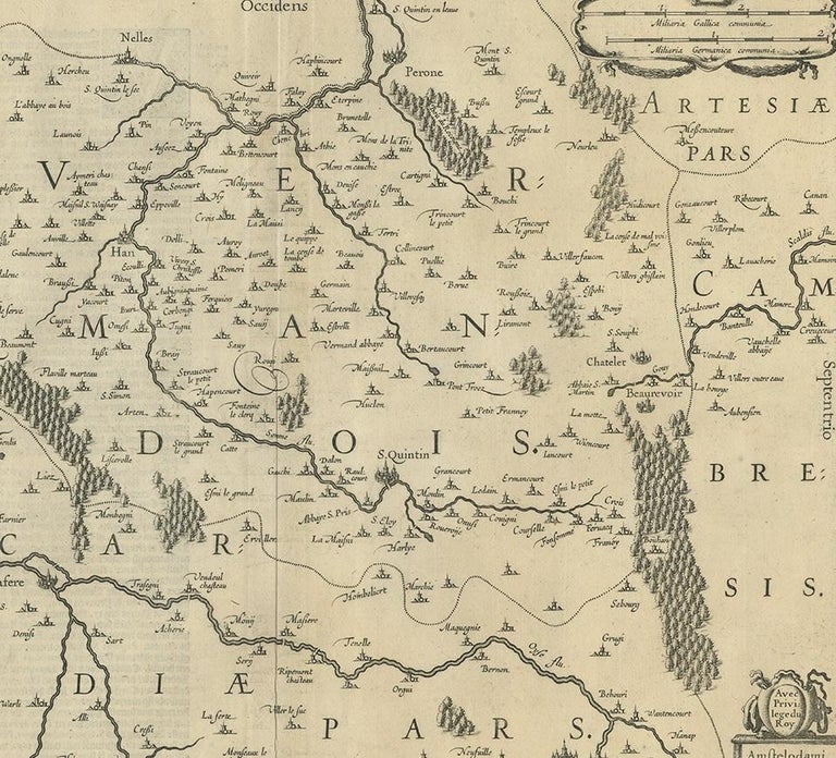17th Century Antique Map of the Vermandois Region by Janssonius, circa 1650 For Sale