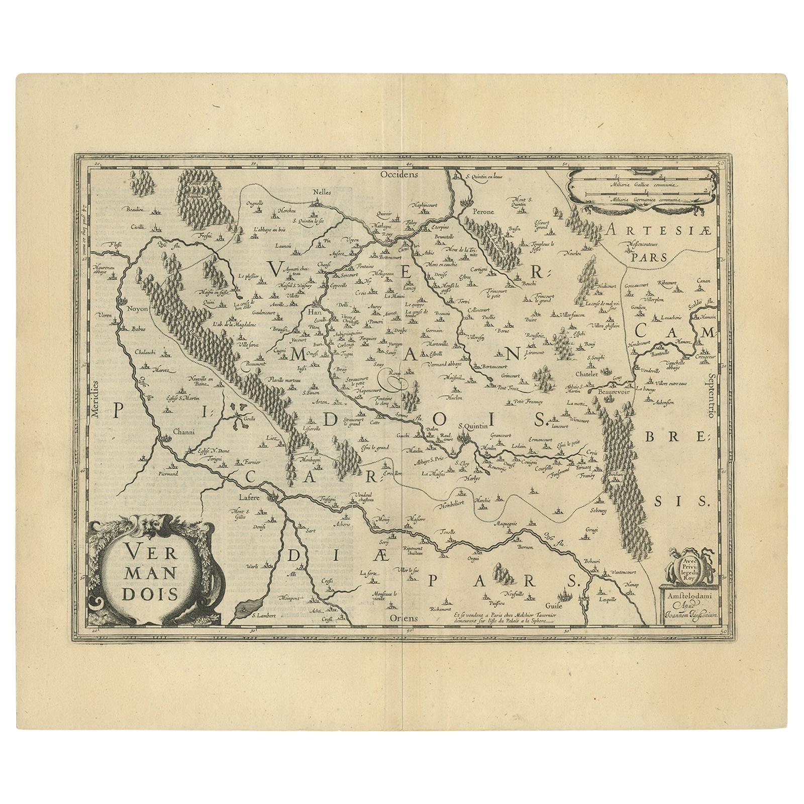 Antique Map of the Vermandois Region by Janssonius, circa 1650