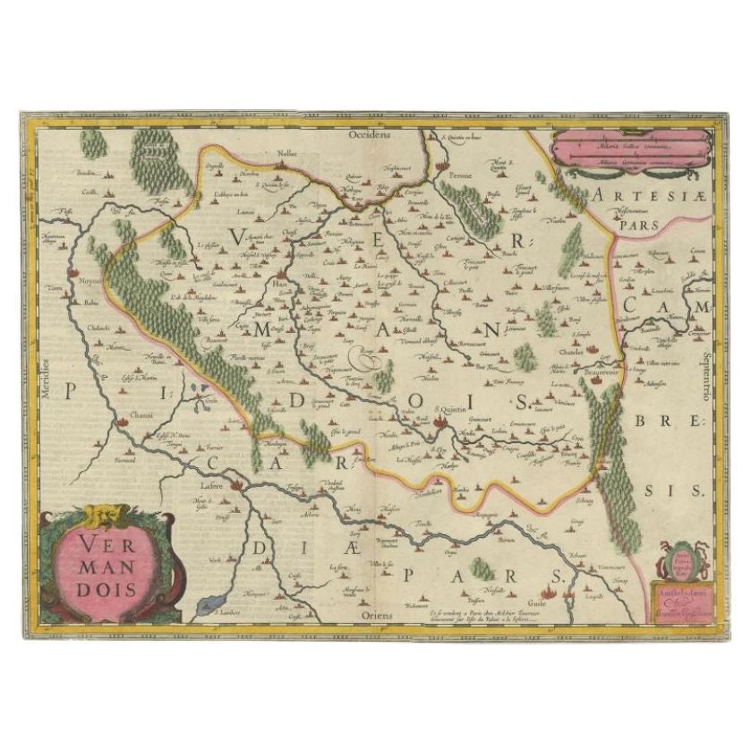 Antique Map of the Vermandois Region 'Picardy' in France by Janssonius, C.1640 For Sale