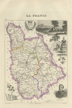 Antique Map of the Vienne, Poitiers and Cardinal Jean Balue, circa 1860