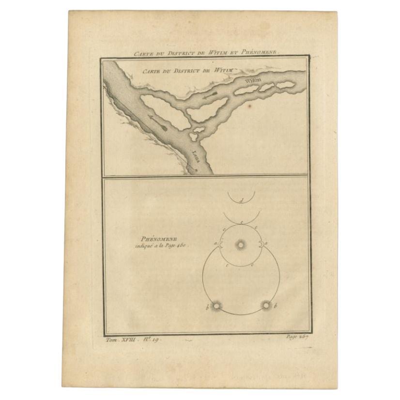 Antique map titled 'Carte du District de Witim et Phénomene (..)'. Map of the confluence of the Vitim and Lena rivers, and an illustration of atmospheric phenomena. This print originates from volume 18 of 'Histoire generale des voyages (..)' by