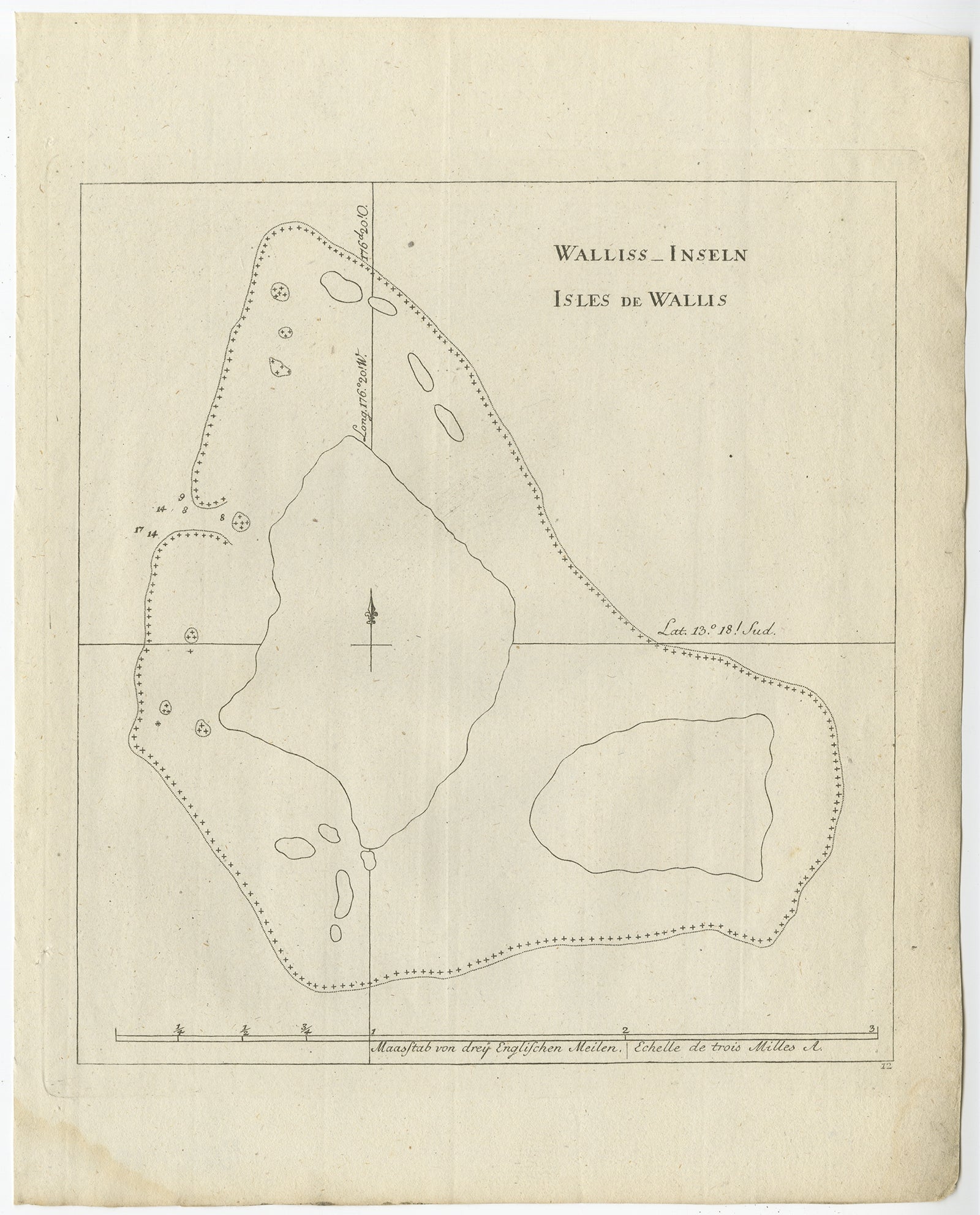 Antike Karte mit dem Titel 'Walliss Inseln, Isles de Wallis'. Alte Karte der Wallis- und Futuna-Inseln, offiziell Territorium der Wallis- und Futuna-Inseln, französisches Überseegebiet. Die wichtigsten Vulkaninseln sind Uvea (Wallis) und Futuna und
