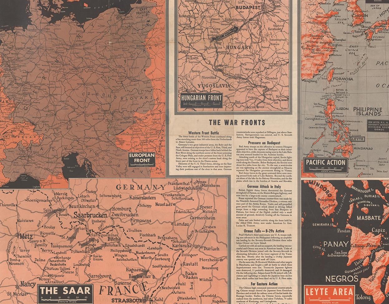 Carte ancienne de la situation de guerre en Europe et en Asie:: 1944 Bon état - En vente à Langweer, NL