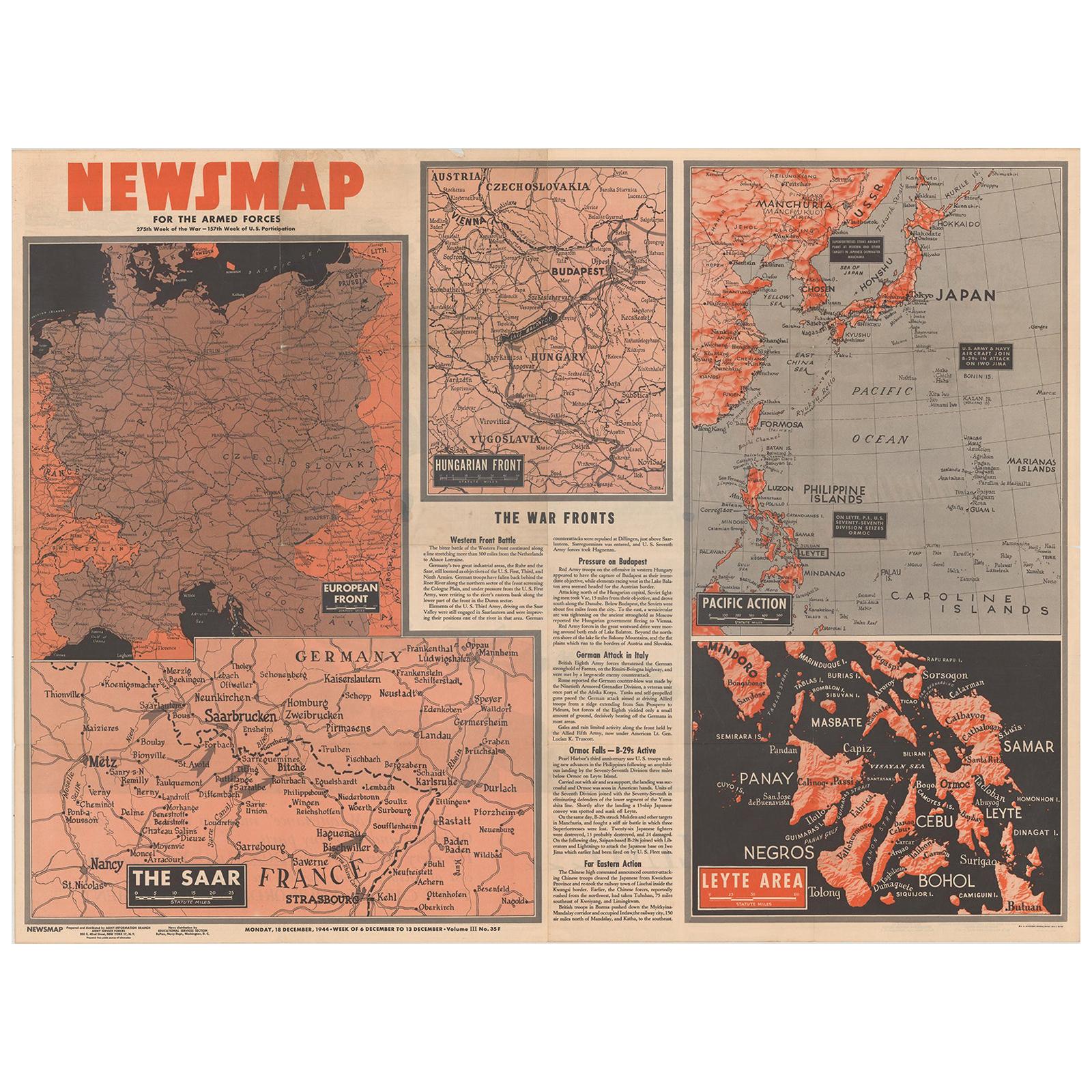 Carte ancienne de la situation de guerre en Europe et en Asie:: 1944 en vente