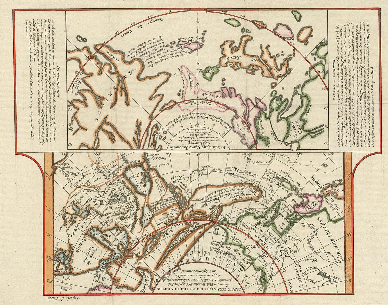Antique map titled 'Carte des nouvelles decouvertes/ Extrait d'une Carte Japonoise de l'Universe'. Map of the West Coast of North America and North-East Coast of Asia, based upon Buache's report of the various Russian Discoveries between 1731 and