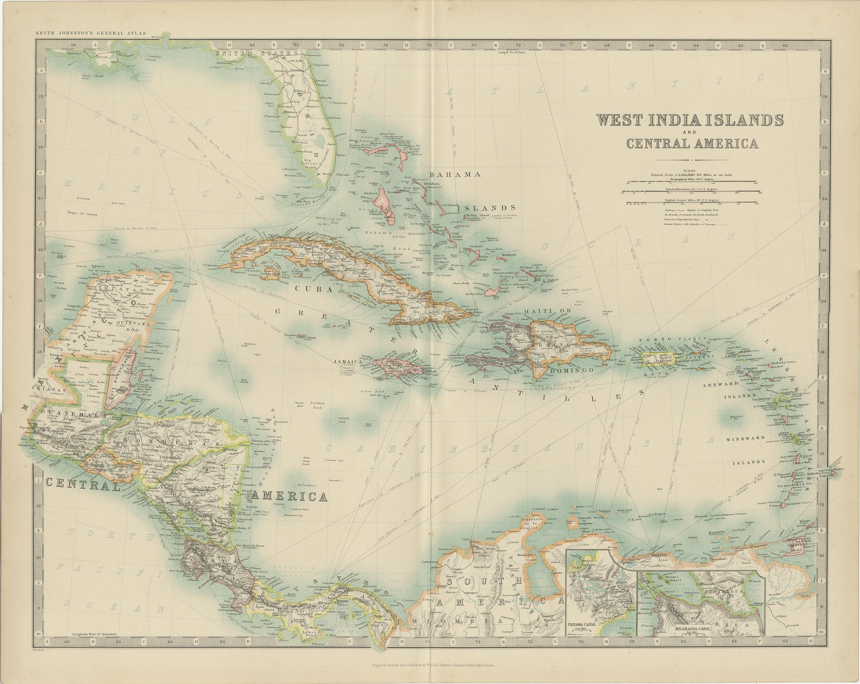 Antique map titled 'West India Islands and Central America'. Depicting Venezuela, Caribbean, Puerto Rico, Antilles, Cuba, Honduras and more. This map originates from the ‘Royal Atlas of Modern Geography’. Published by W. & A.K. Johnston, 1909.