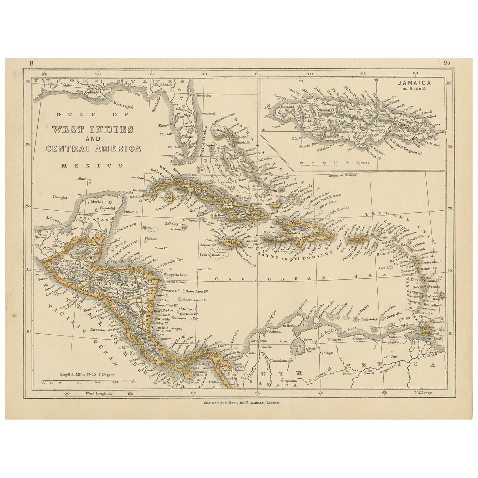 Antique Map of the West Indies and Central America by Lowry '1852' For Sale