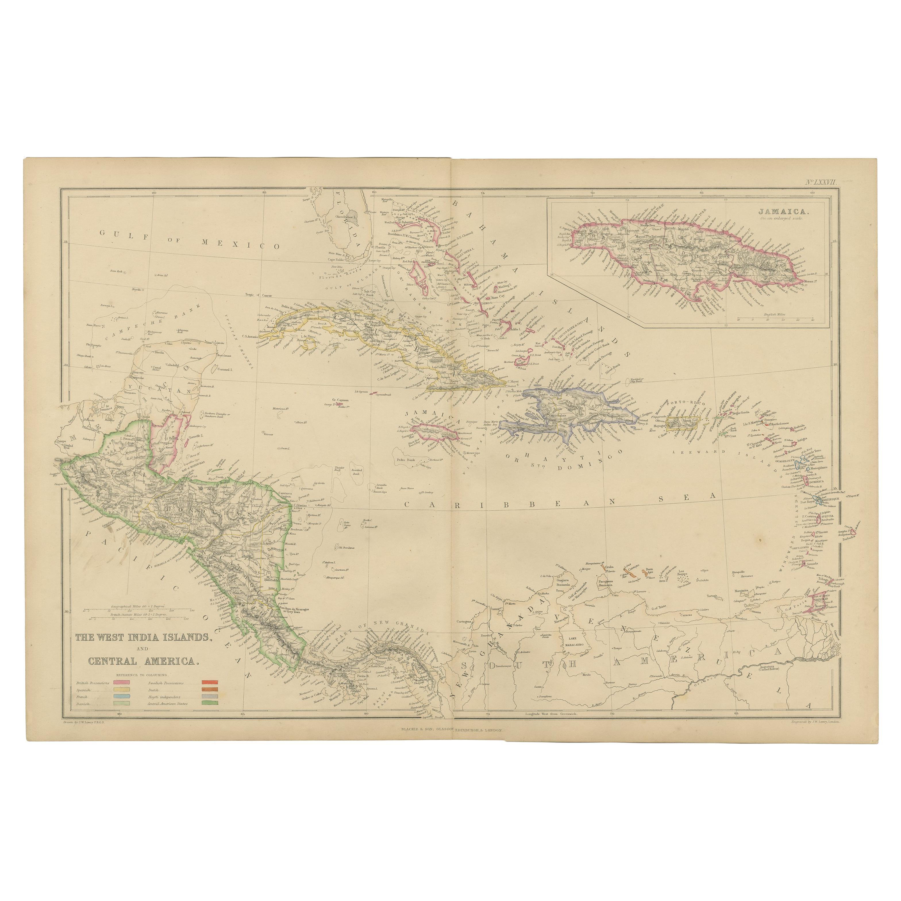 Antike Karte der Westindischen Inseln und Zentralamerikas von W. G. Blackie, 1859