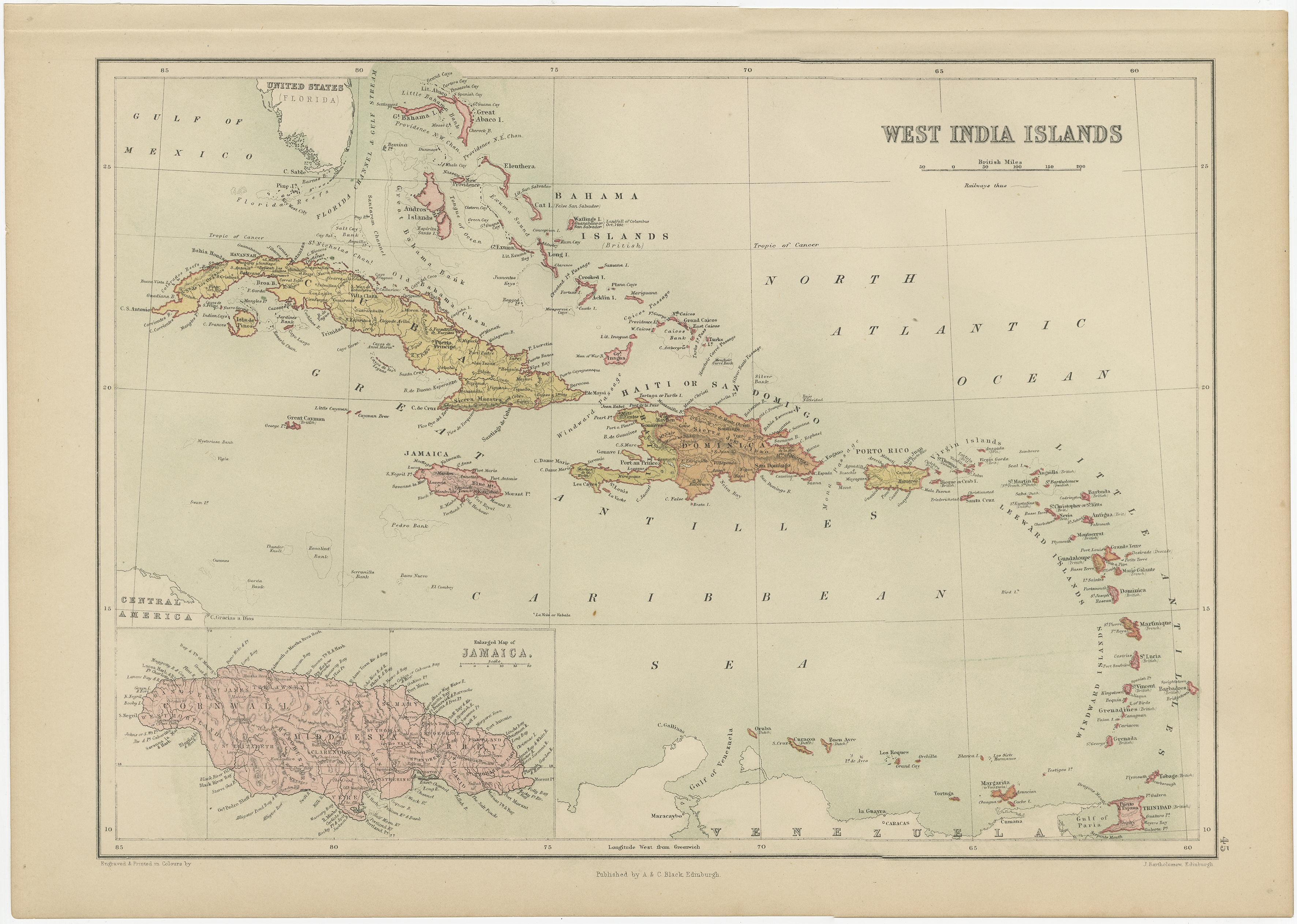 Antique map titled 'West India Islands'. Original antique map of the West Indies, Caribbean, with an inset map of Jamaica. This map originates from ‘Black's General Atlas of The World’. Published by A & C. Black, 1870.