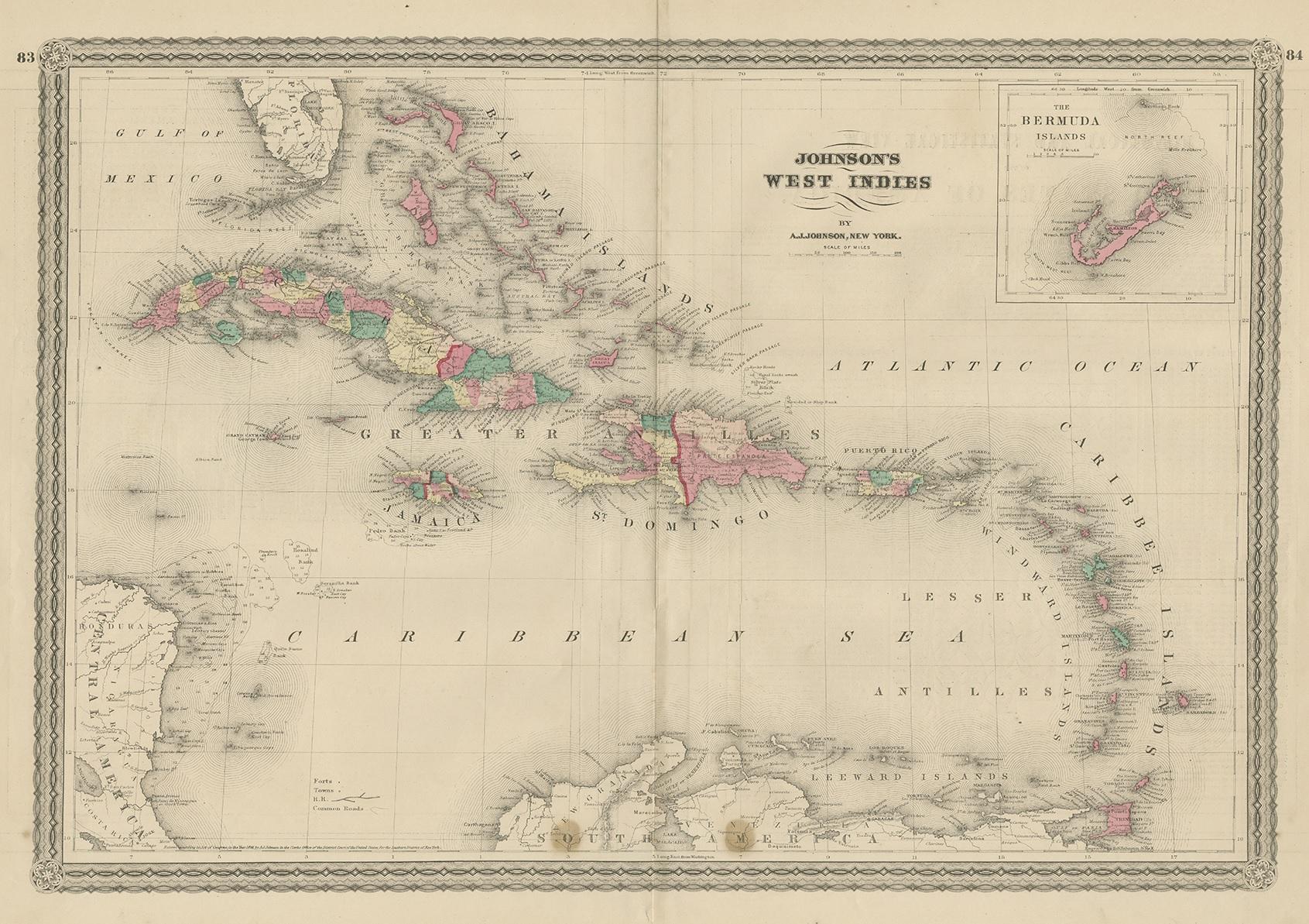 Antique map titled 'Johnson's West Indies'. Original map of the West Indies, with an inset map of the Bermuda Islands. This map originates from 'Johnson's New Illustrated Family Atlas of the World' by A.J. Johnson. Published 1872.