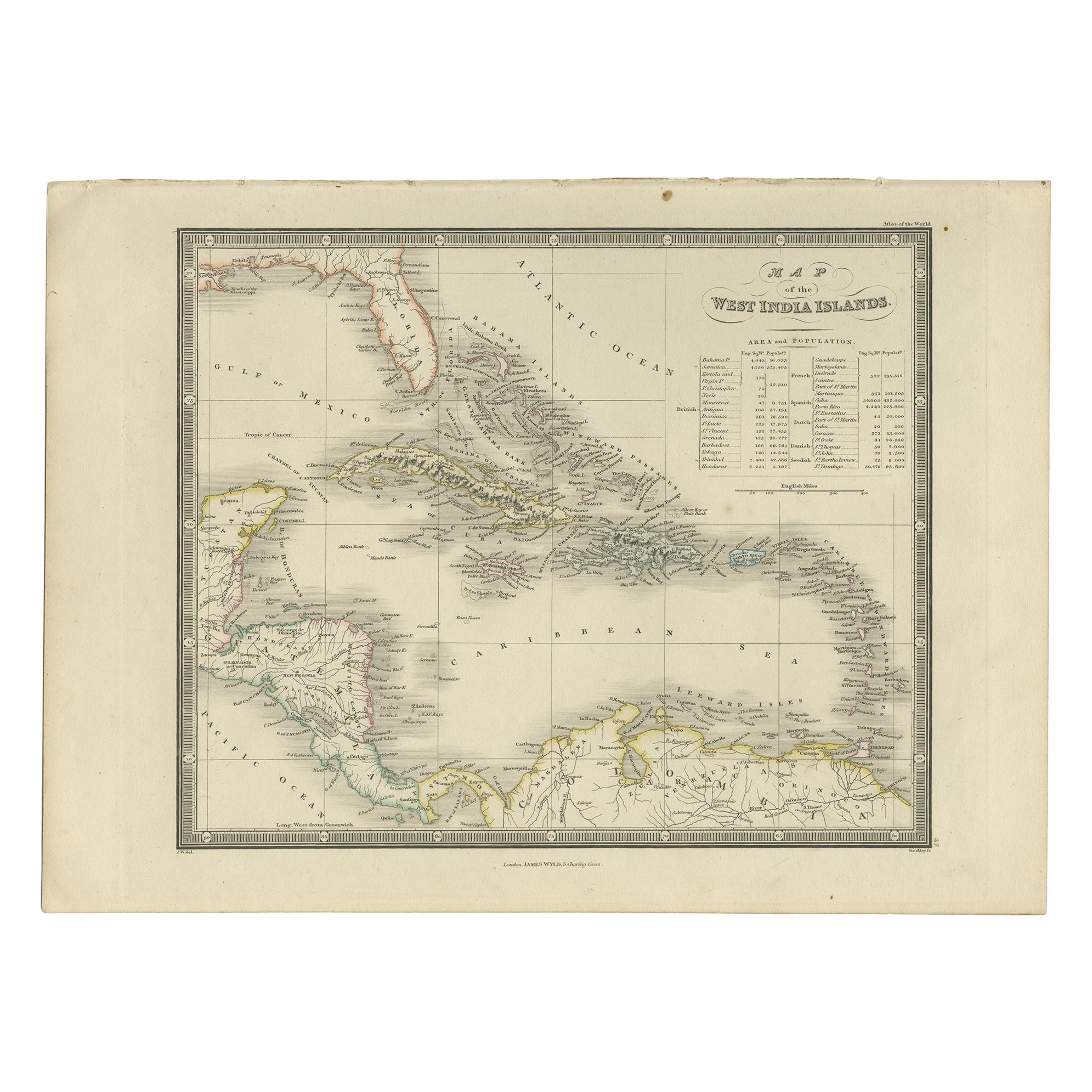 Antique Map of the West Indies by Wyld '1845' For Sale