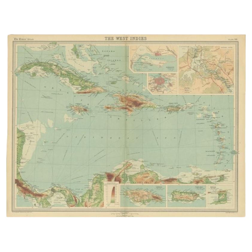 Mapa antiguo de las Indias Occidentales a todo color, 1922 en venta