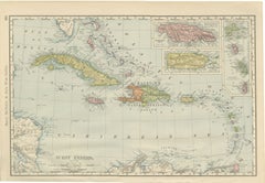 Antique Map of the West Indies, with Cuba, Jamaica and Puerto Rico, 1899