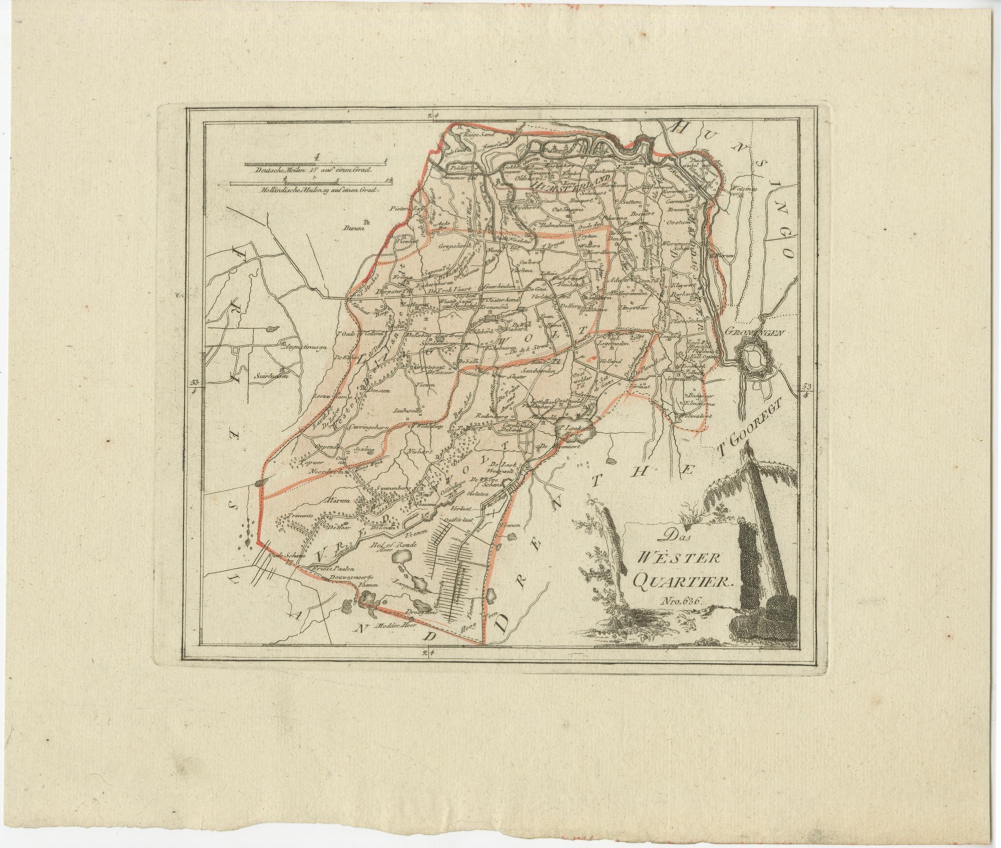 Carte ancienne de la région de Westerkwartier, une région située à Groningen, 1791 Bon état - En vente à Langweer, NL