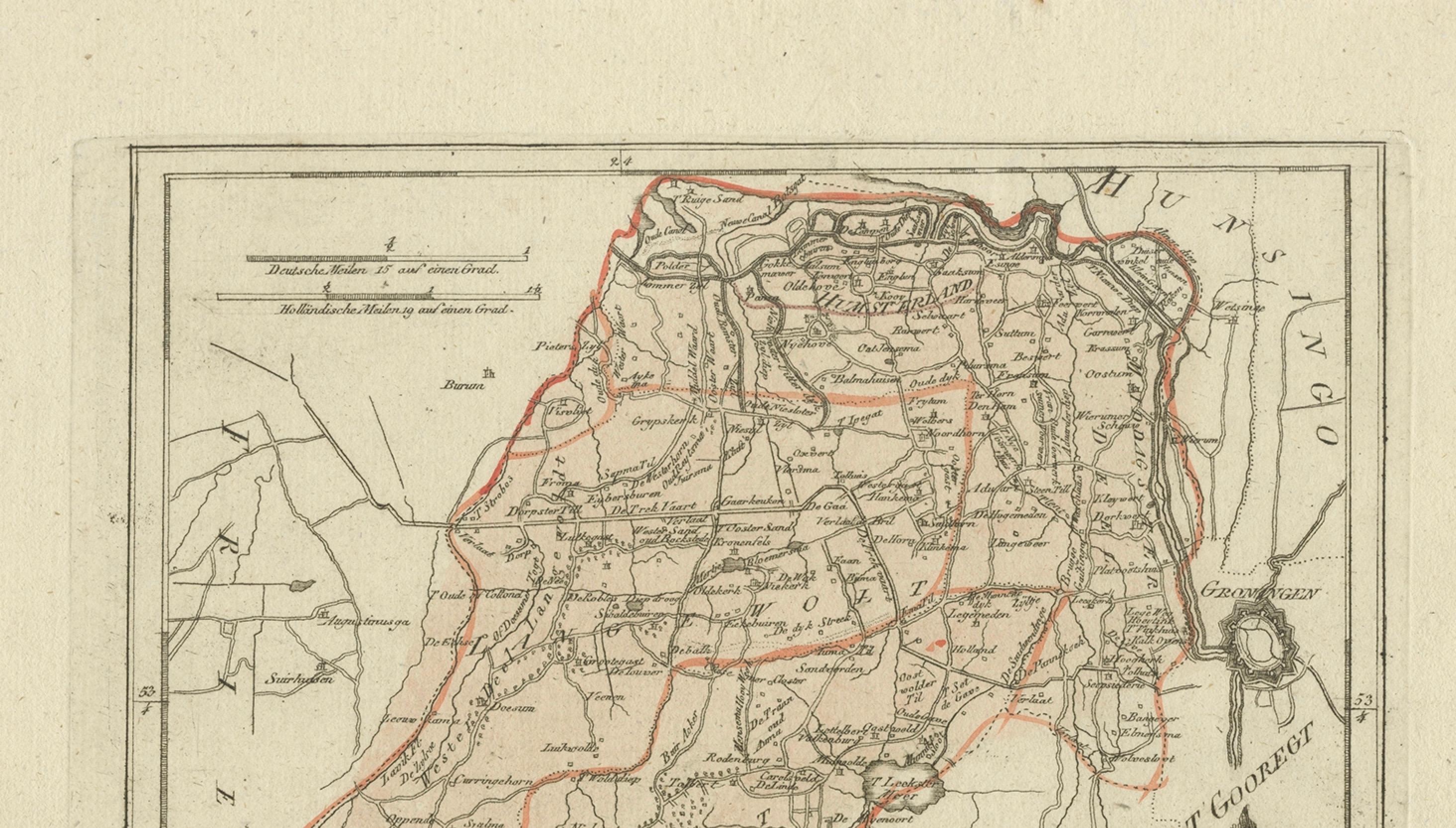 Papier Carte ancienne de la région de Westerkwartier, une région située à Groningen, 1791 en vente