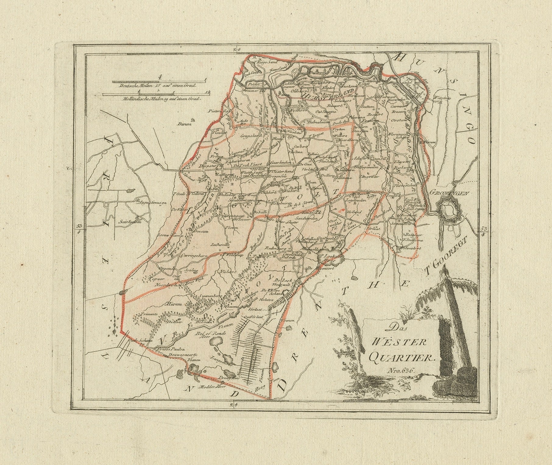 Mappa antica della regione di Westerkwartier, una regione di Groninga, 1791
