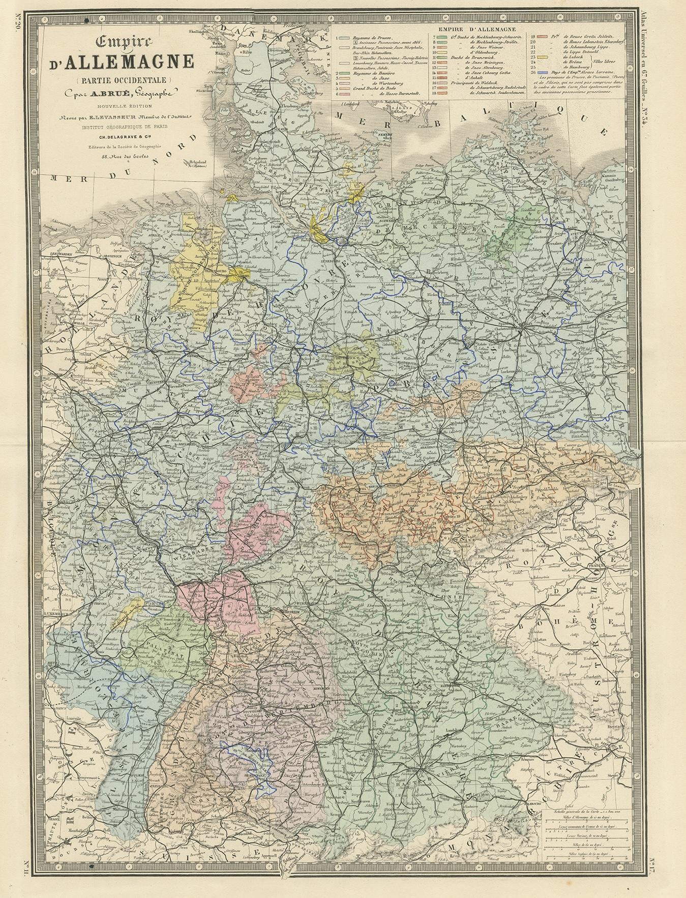Antique map titled 'Empire d'Allemagne (..)'. Large map of the western part of the German Empire. This map originates from 'Atlas de Géographie Moderne Physique et Politique' by A. Levasseur. Published 1875.