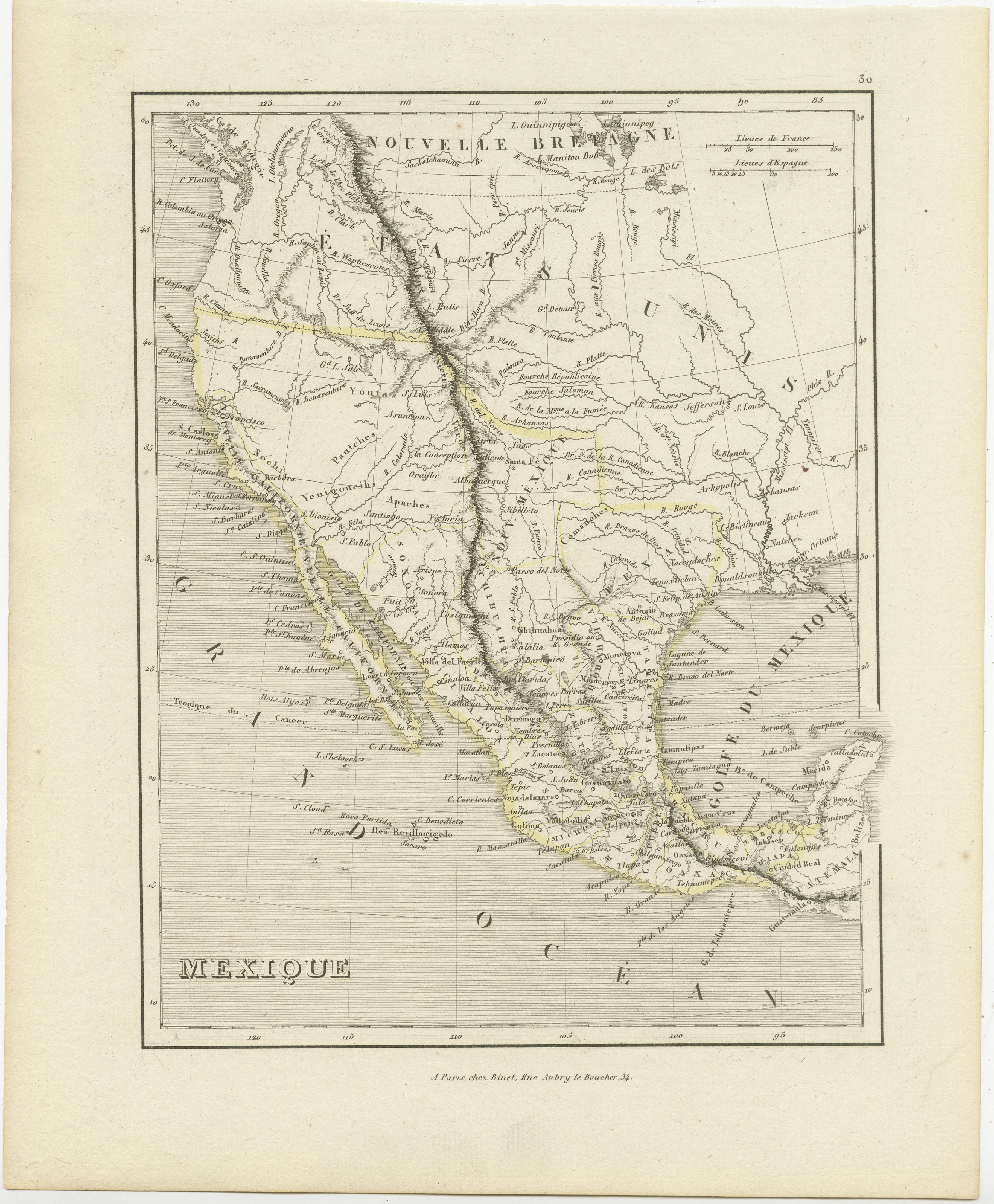 Antique map titled 'Mexique'. This map covers the western United States, Mexico and the independent Republic of Texas. Mexico controls all of the Southwest and the United States extends well into present-day British Columbia in the Northwest. A