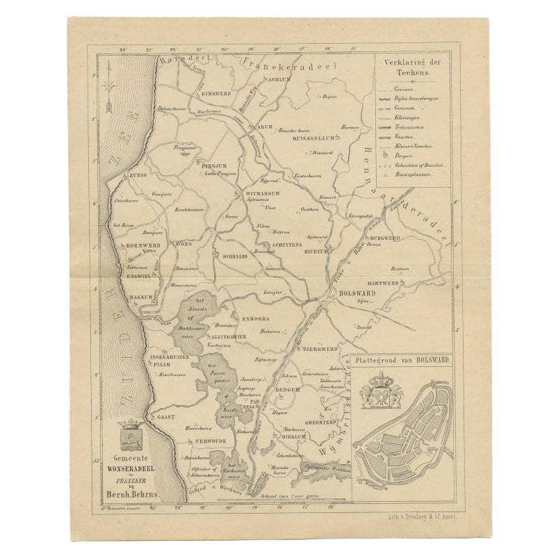 Antique Map of The Wonseradeel Township in Friesland, The Netherlands, 1861