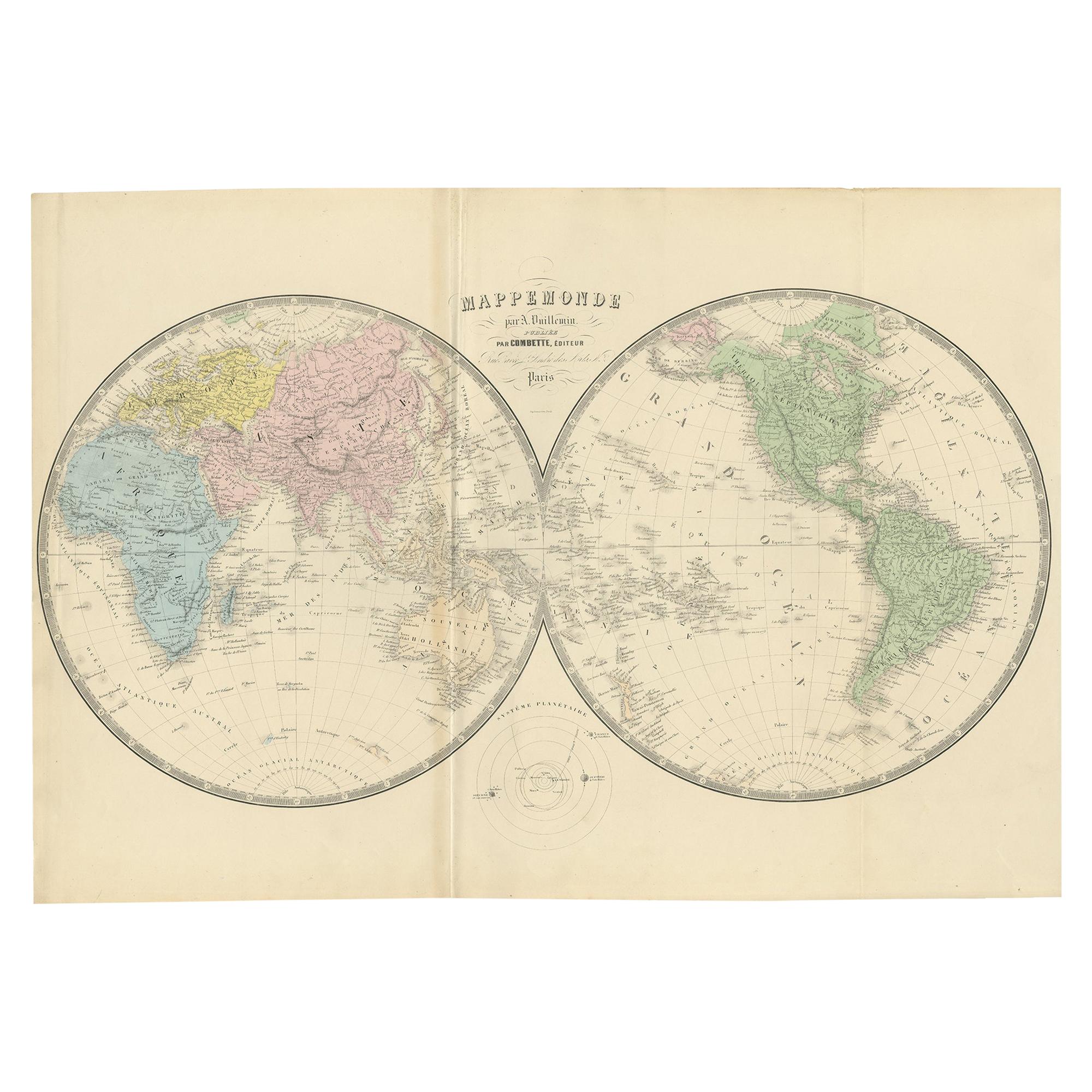 Antique Map of the World by A. Vuillemin, 1854 For Sale